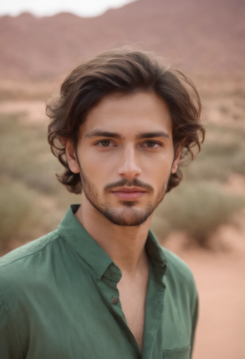 25 year old boy, green shirt,silky light messy hairs style, oval face shape, beard, looking at camera, walking on moroccan sahara, perfect lighting, deep shadow, best quality, masterpiece, ultra highres, photorealistic