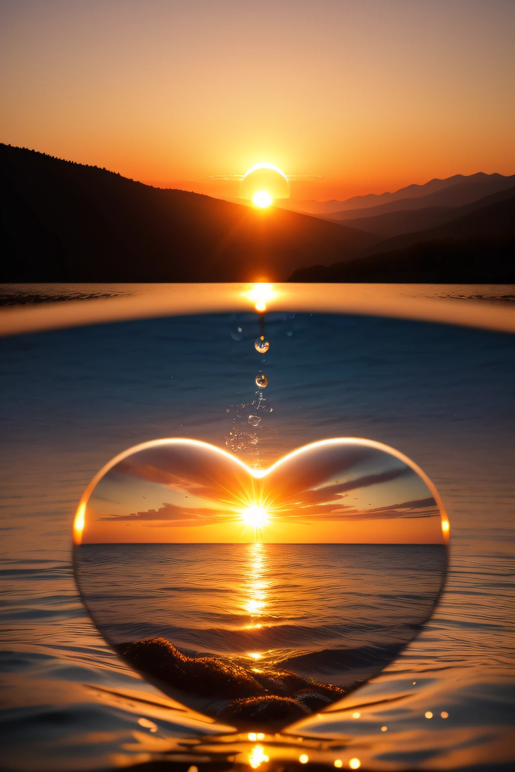 Create an image featuring a heart-shaped water droplet in the foreground, with a breathtaking sunset background, symbolizing the importance of water in our planet's life. Translate this vision into a captivating photography piece with a 50mm lens. Imagine a serene scene with the droplet's intricate details and warm, golden tones. Capture awe and appreciation in the expressions of observers. Illuminate with soft, natural light, evoking a sense of tranquility and wonder. --v 5 --stylize 1000