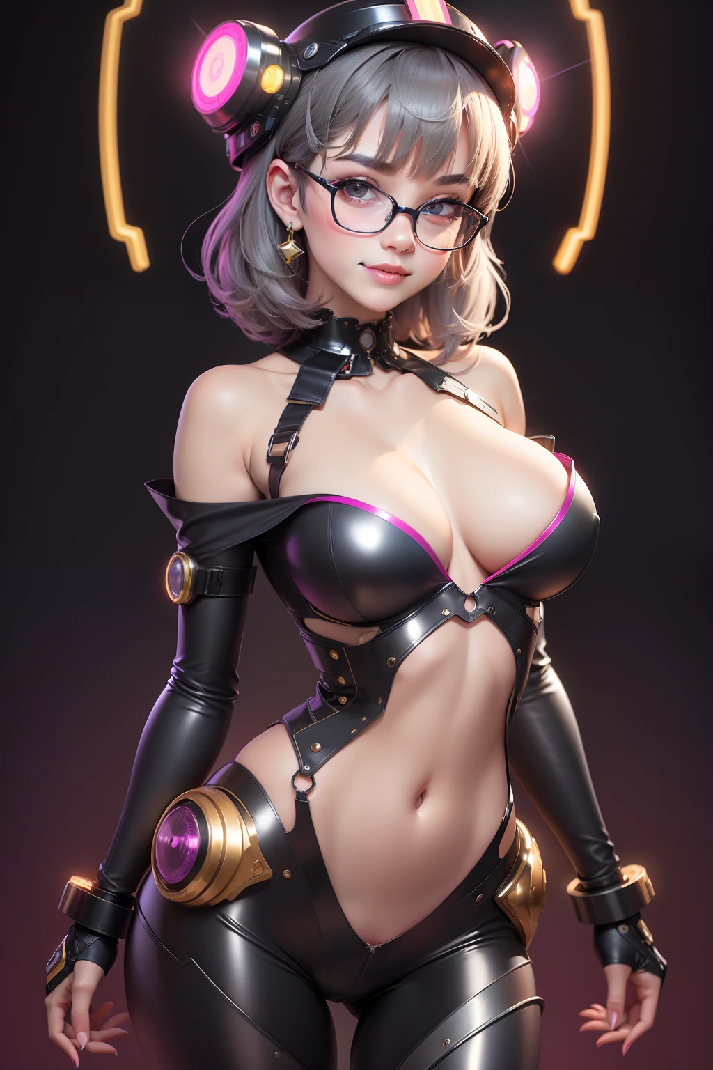 1 cute girl (18yo) glasses, upper body, slim waist, natural medium breast, sexy pose, seductive expression, bangs, random hairstyle, cleavage, navel, collar, collarbone, off shoulder, seductive smile, wear intricately detail hot and sexy outfit, robotic costume, wear unique helmet, shiny rainbow neon color, upper body. flat gray color for background