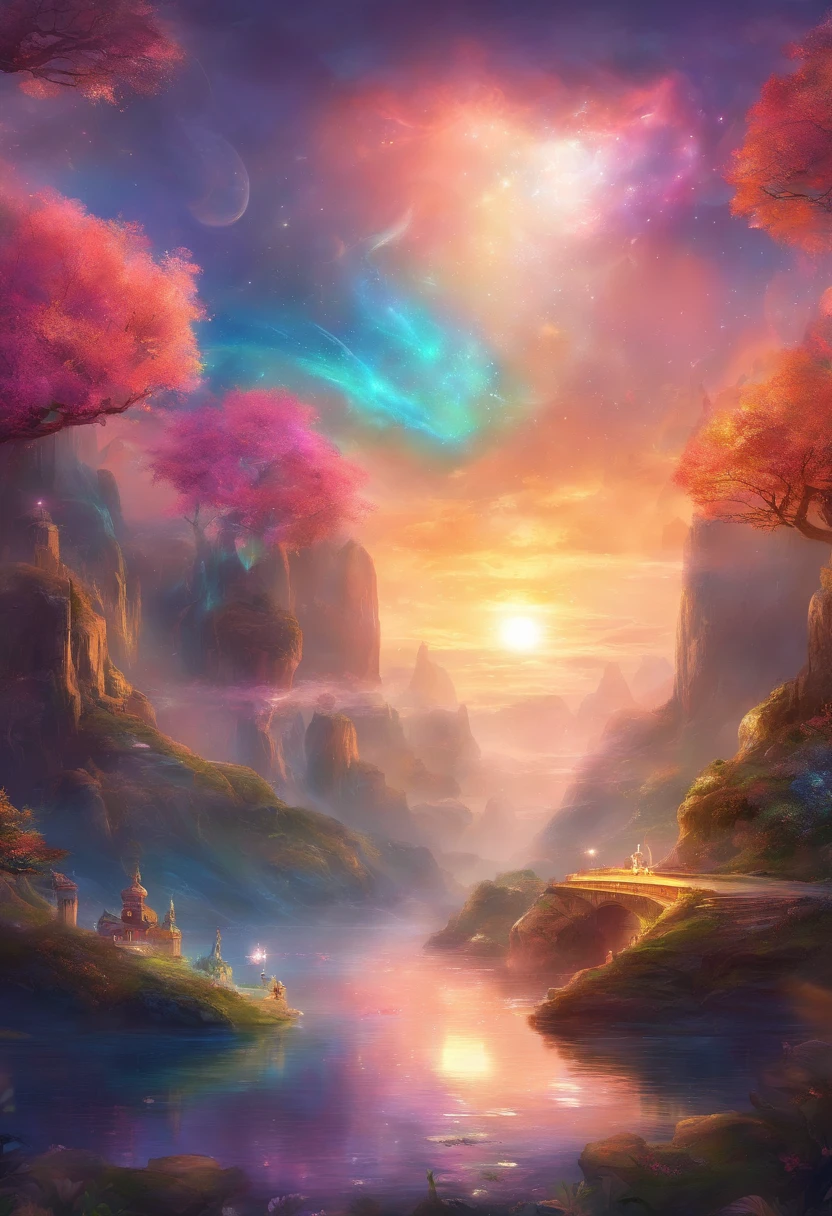 The sun shines，The edges glow，Inner glow，one fish，a betta fish，Nice tail，Colorful，Wander among the clouds，（White clouds），Colorful light，Rainbow colors，Sparkling，（Irregular light spots），luxury goods，8K，the detail，Ray traching，depth of fields，电影灯光，