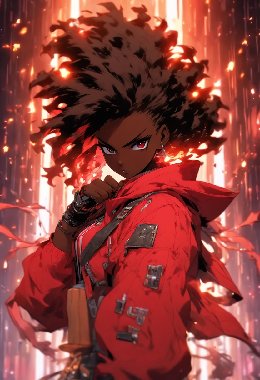 (masterpiece, best quality), concept art, full body picture of a dark skin woman wearing a (large red jacket:1.2) and black shirt, fight pose, intricate details, chromatic aberration, (black skin:1.2), 1girl, curly long hair, light brown hair, messy hair, robot legs, biomechanical, hair over one eye, honey eyes, sharp eyes, neon shirt, open jacket, big sword, cyber katana, dark blade, jrpg style, tech fantasy, final fantasy, pastel colors, (simple background, white background:1.3)