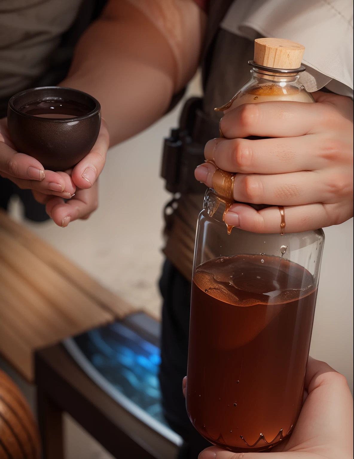 Perfect hand holding a small rustic brown cup with (Ayahuasca) (hand perfect) (realistic hand)