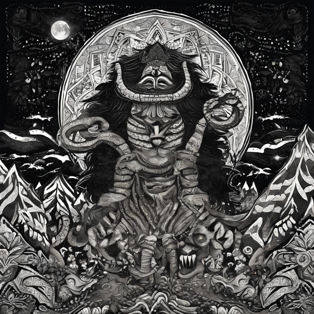 under the starry night sky,A man with a human upper body and a snake's lower body stands on a mountain peak