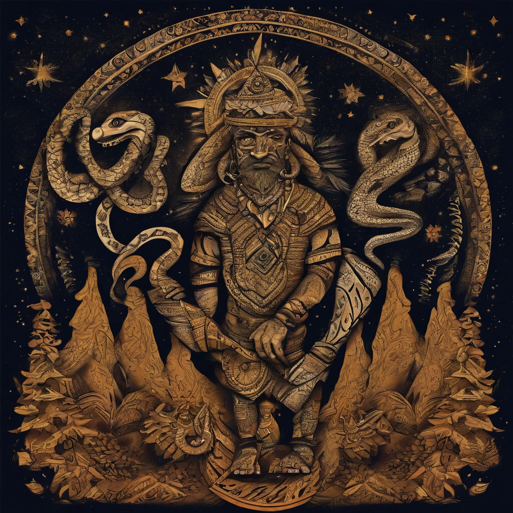 under the starry night sky，A man with a human upper body and a snake's lower body stands on a mountain peak