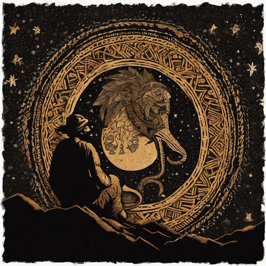 under the starry night sky，A man with a human upper body and a snake's lower body stands on a mountain peak