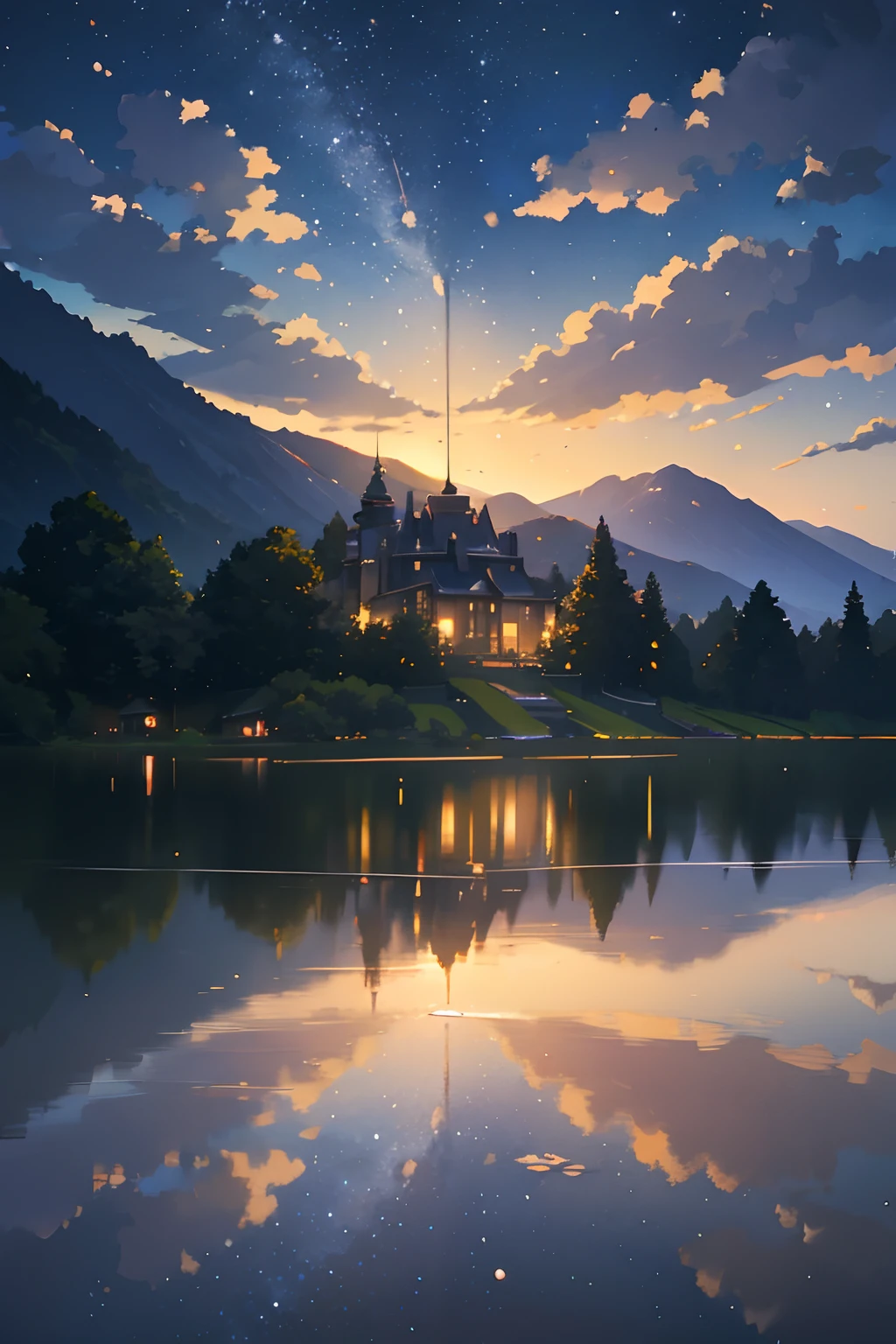 High quality masterpiece ，scenecy，Anime train passing through bodies of water on tracks， Glittering starry sky。Romantic train，Pisif，concept-art，Lofi art style，Reflectors。 By Makoto Shinkai, Lofi art, beautiful anime scenes, Anime landscapes, Detailed scenery —width 672, in the style of makoto shinkai, Makoto Shinkai's style，Detail enhancement