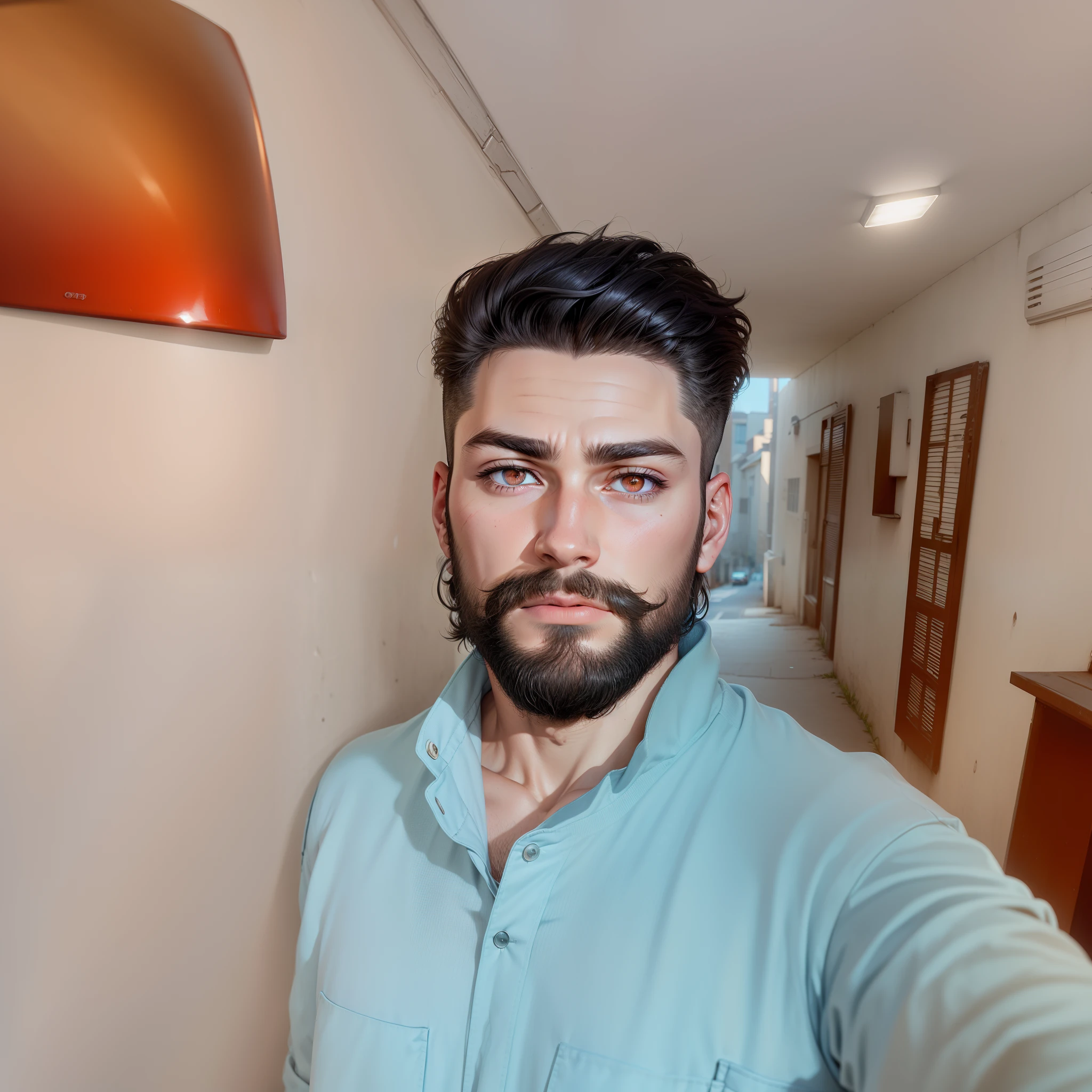 1 male, Beautiful boy, Body Length 180, 20 years old, (black short hair, Street hairstyle) , ((red eyes)), realistic eyes, beautiful and sharp eyes), Men's Clothing, Biker clothing, muscles, (8k wallpaper), (street background) 8k, Quilty Altitude, Realistic, Beautiful realism, outstanding detail, RAW photo, Realistic clothes, Black hair, realistic hair, realistic eyes, Light and cool lighting, realistic photo, Cel shaded, Gel lighting, ultra-detail, ((Street bike riding)), (In the morning), ((No chin, no mustache, no beard))