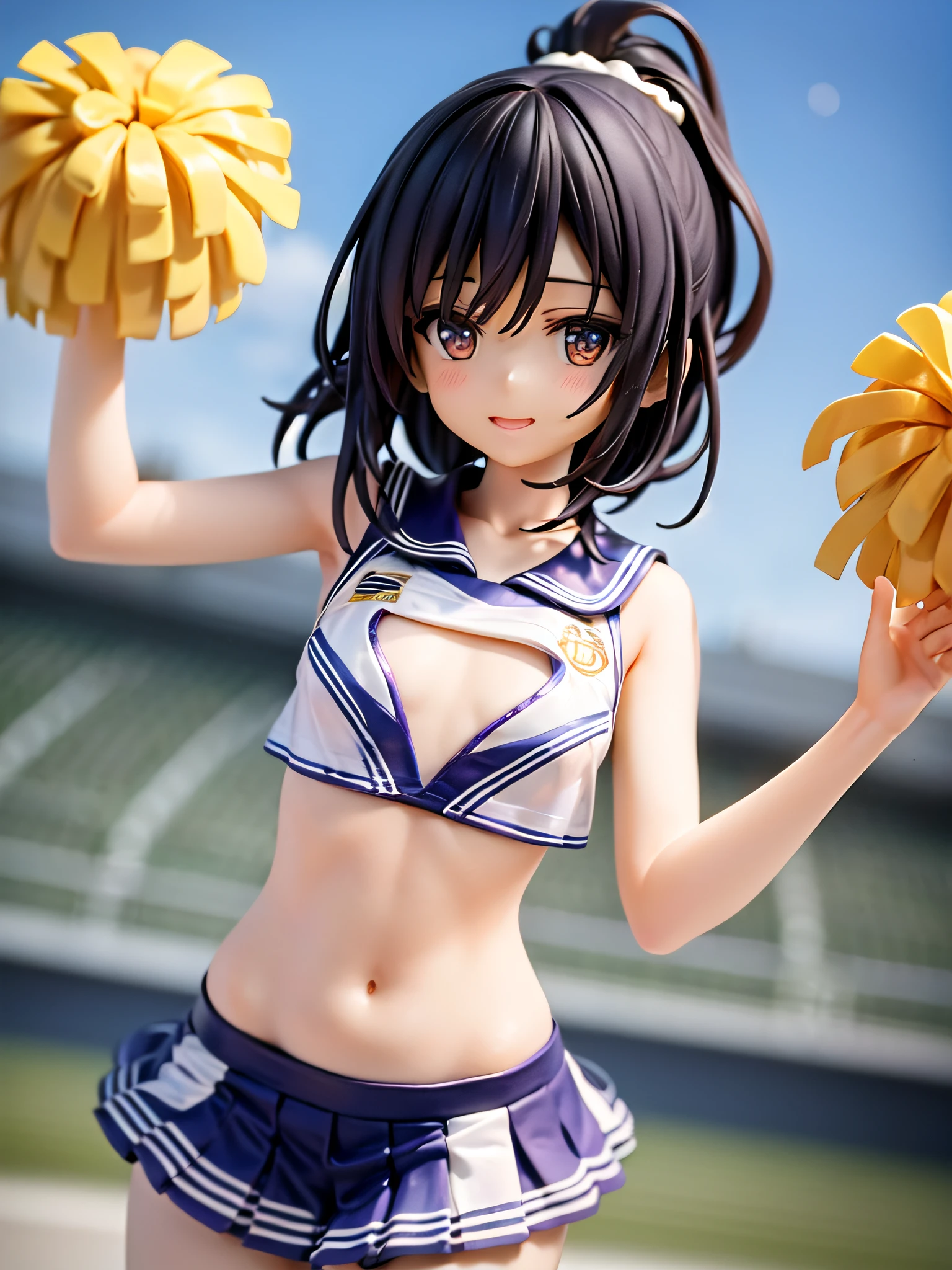 （cheerleaders:1.3）、(stadio:1.5)、(tiny chest:1.4)、extremely delicate and beautiful,visual impact, The ultra -The high-definition, Raw photography, top-quality, hight resolution, (​masterpiece), (Photorealsitic:1.4), Anime Cosplay, foco nítido, nffsw,Unity 8k壁纸, intricate detailes, depth of fields,nffsw,amazing, contour deepening,front lit,Oil Highlights, girl with, beautiful countenance、Very detailed background,Smile、(A slender:1.5)、see -through、Cheerleading pom-poms in hand、Wearing a sailor-style sleeveless shirt and miniskirt、Squatting