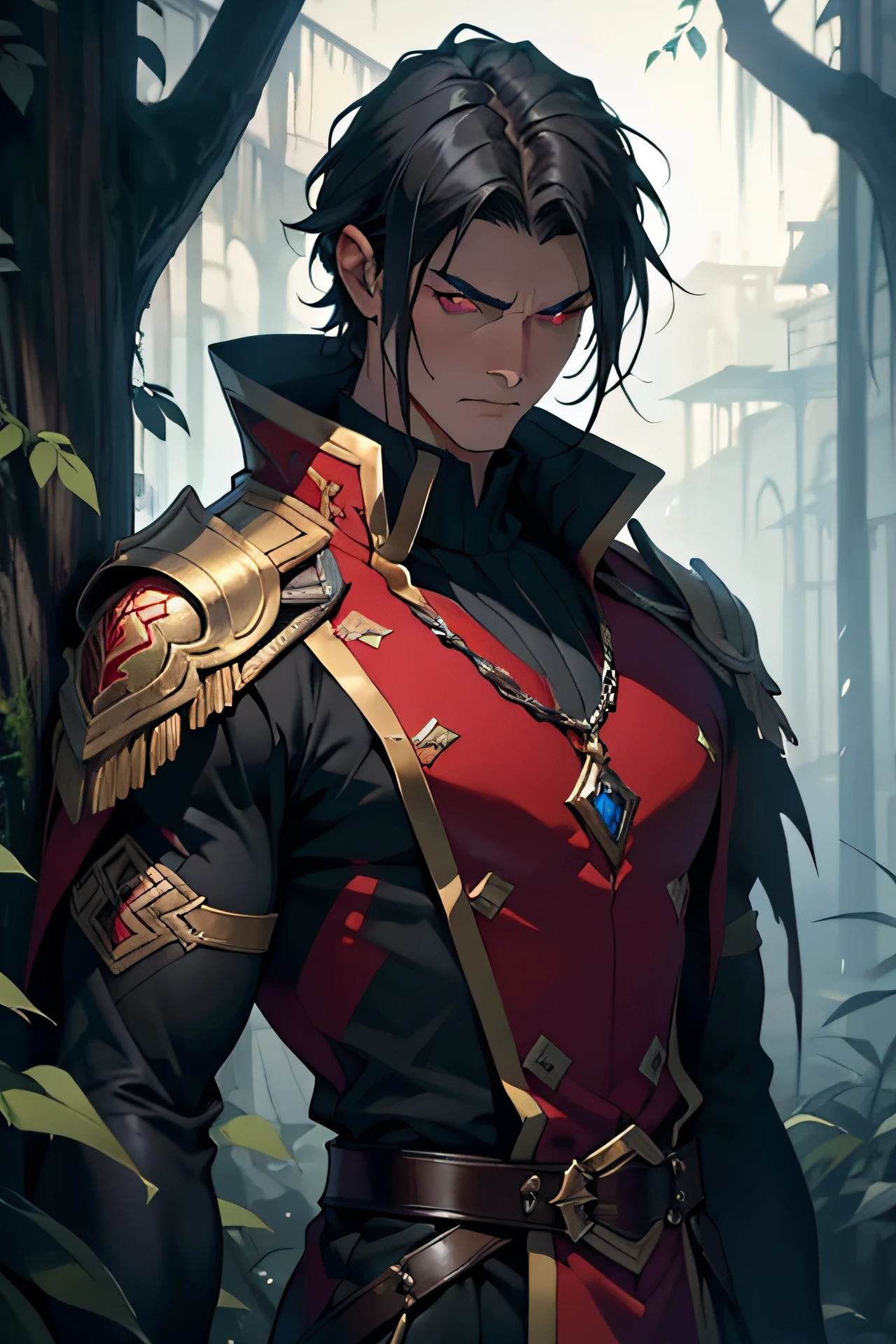 (tmasterpiece, beste-Qualit), Athletic man, Very short black hair, middle aged, Swamp skin, dark crimson pupils, Black Fantasy Clothing, Stand at attention, stands upright, A face without emotion
