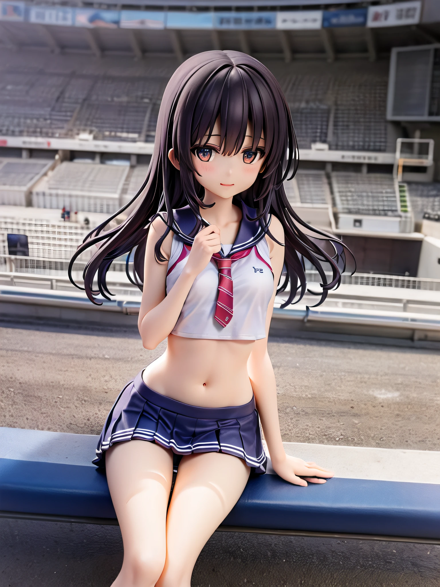 （cheerleaders:1.3）、(Cheering seats in the stadium:1.5)、(tiny chest:1.1)、extremely delicate and beautiful,visual impact, grow,The ultra -The high-definition, Raw photography, top-quality, hight resolution, (​masterpiece), (Photorealsitic:1.4), Anime Cosplay, foco nítido, nffsw,Unity 8k壁纸, intricate detailes, depth of fields,nffsw,amazing, contour deepening,front lit,Oil Highlights, girl with, beautiful countenance、Very detailed background,ssmile、(A slender:1.5)、see -through、Holding a cheerleading pom-pom in your hand、Wearing a sailor-style sleeveless shirt and miniskirt、sit on a bench