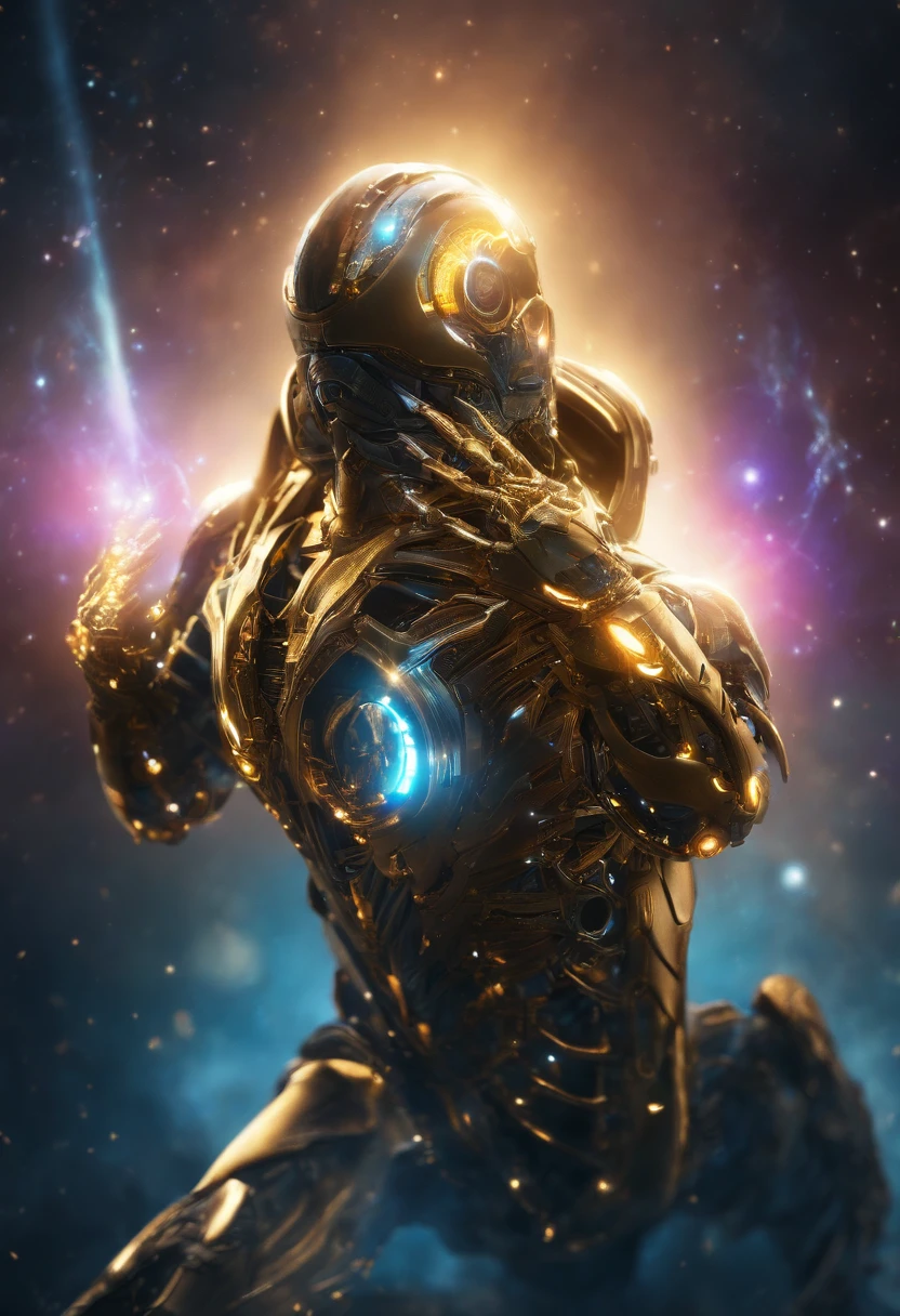 Cosmic Fallen gold cyborg , glowing light eyes, Biomechanical, eerie, Creepy, nightmarish, Very bright colors, Light particles, with light glowing, Mshiff, wallpaper art, UHD wallpaper