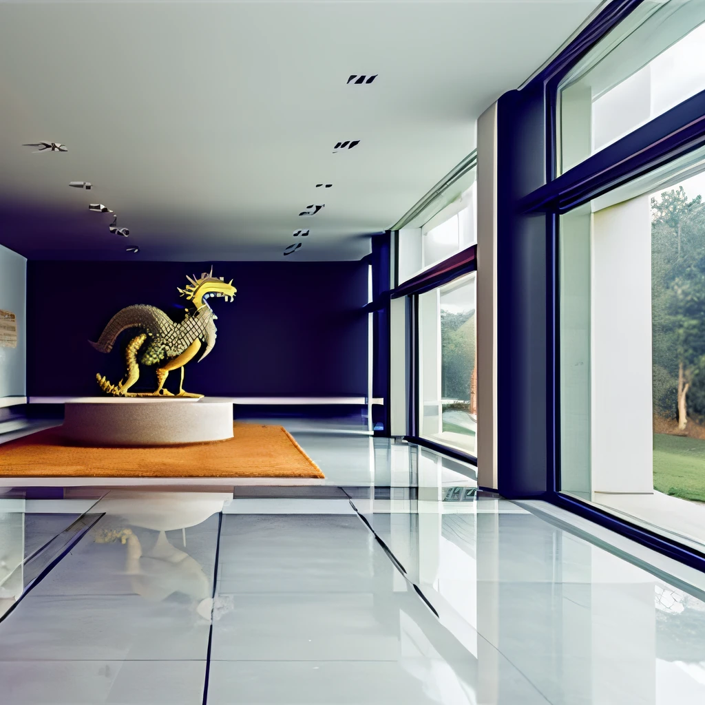 High-quality graphics，View from the inside of the museum，There are 6-meter long floor-to-ceiling windows on the left，Outside the window is the woods，The top is a dark gray square，Line lights，(In the middle of the chamber there is a bronze sculpture in the shape of a cube)，((The surface of the cube has reliefs of dragons))，Several visitors to the visit