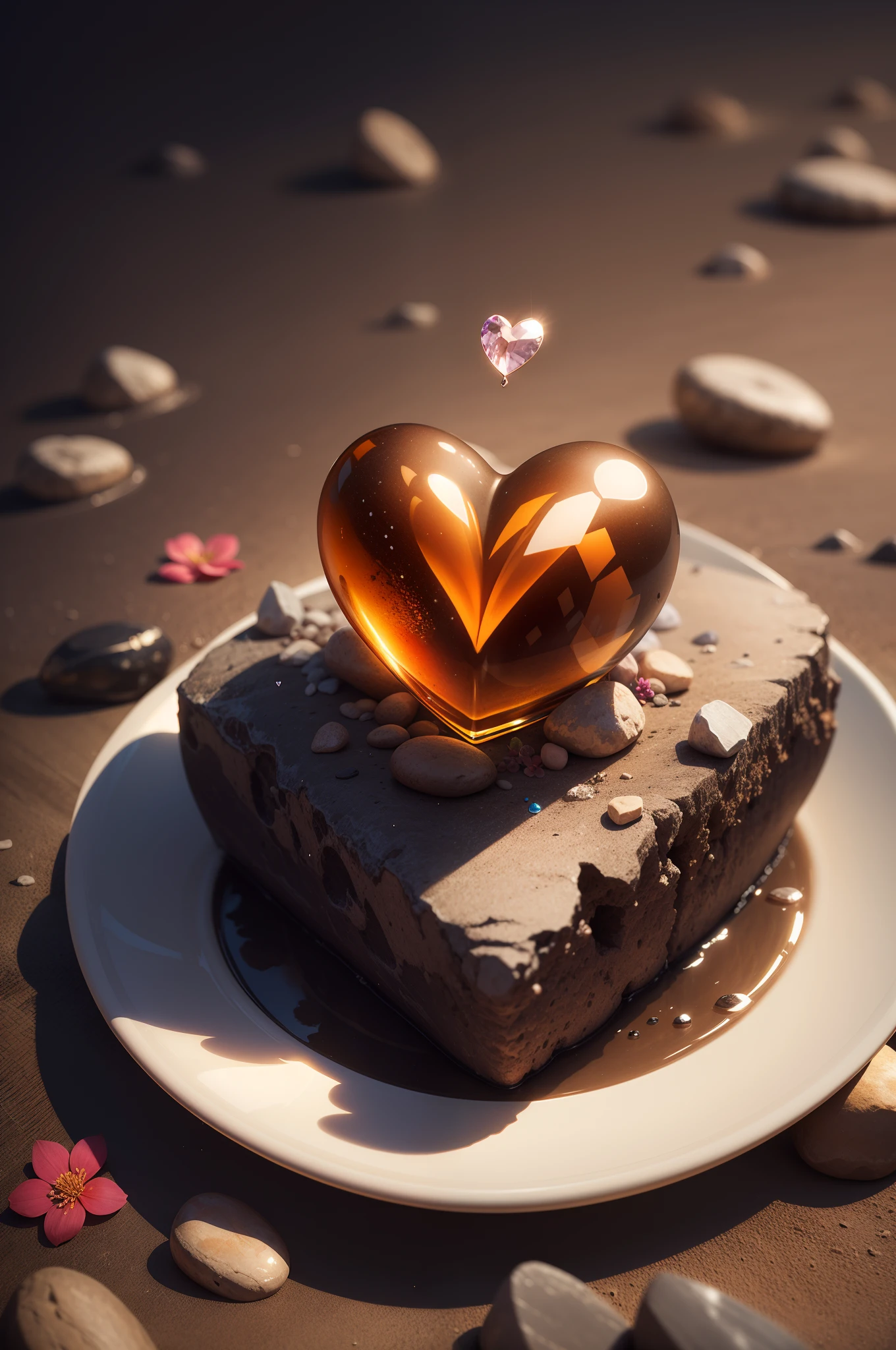 There is a heart-shaped glass on the beach，There are flowers and stones on it, beautiful digital art, beautiful gorgeous digital art, heart made of flowers, beautiful composition 3 - d 4 k, Very Beautiful Digital Art, beautiful flowers and crystals, beatiful background, Beautiful digital artwork, gorgeous digital art, digital art picture, wallpaper - 1 0 2 4, Exquisite rendering