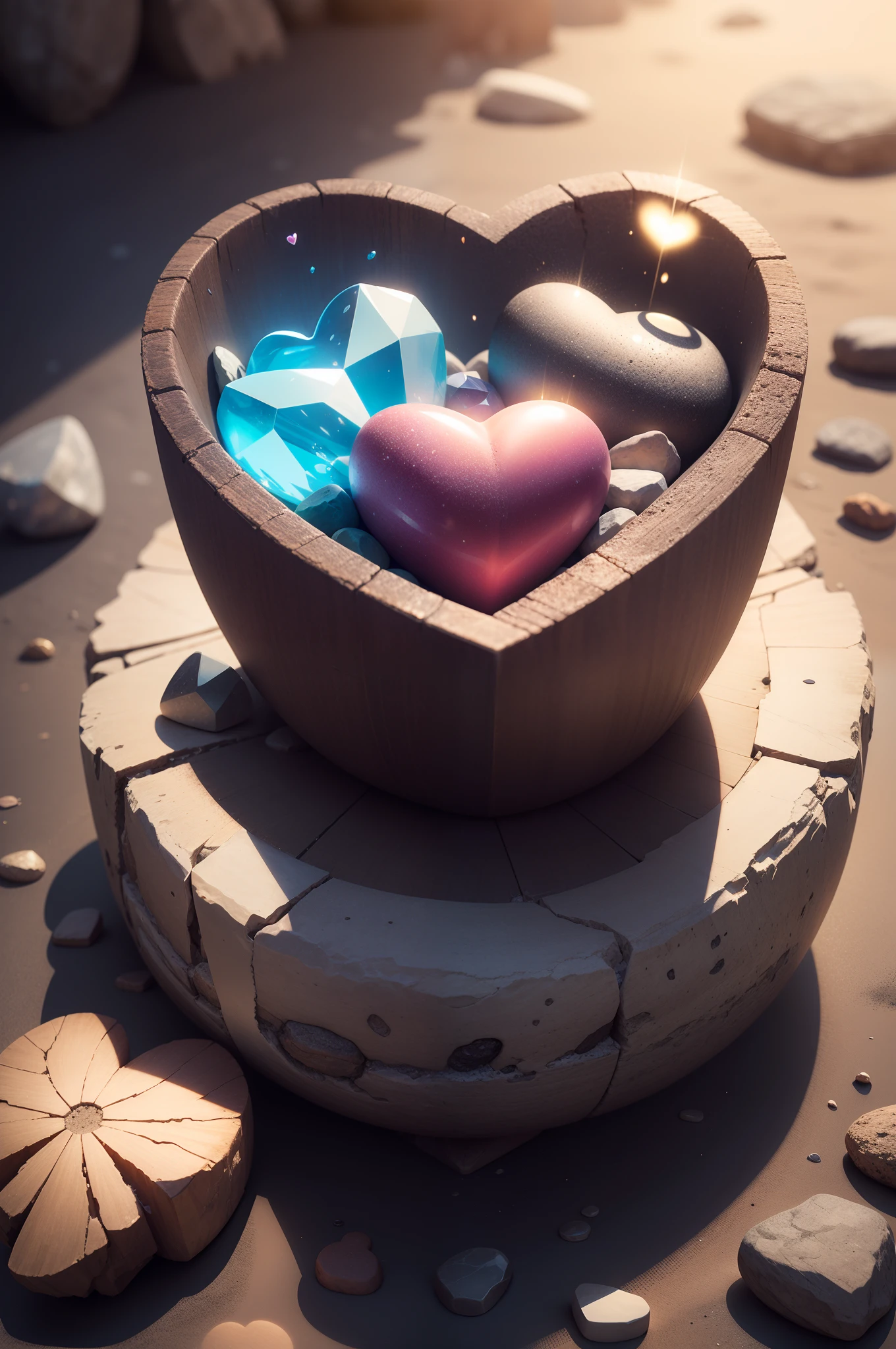 There is a heart-shaped glass on the beach,There are flowers and stones on it, beautiful digital art, beautiful gorgeous digital art, heart made of flowers, beautiful composition 3 - d 4 k, Very Beautiful Digital Art, beautiful flowers and crystals, beatiful background, Beautiful digital artwork, gorgeous digital art, digital art picture, wallpaper - 1 0 2 4, Exquisite rendering