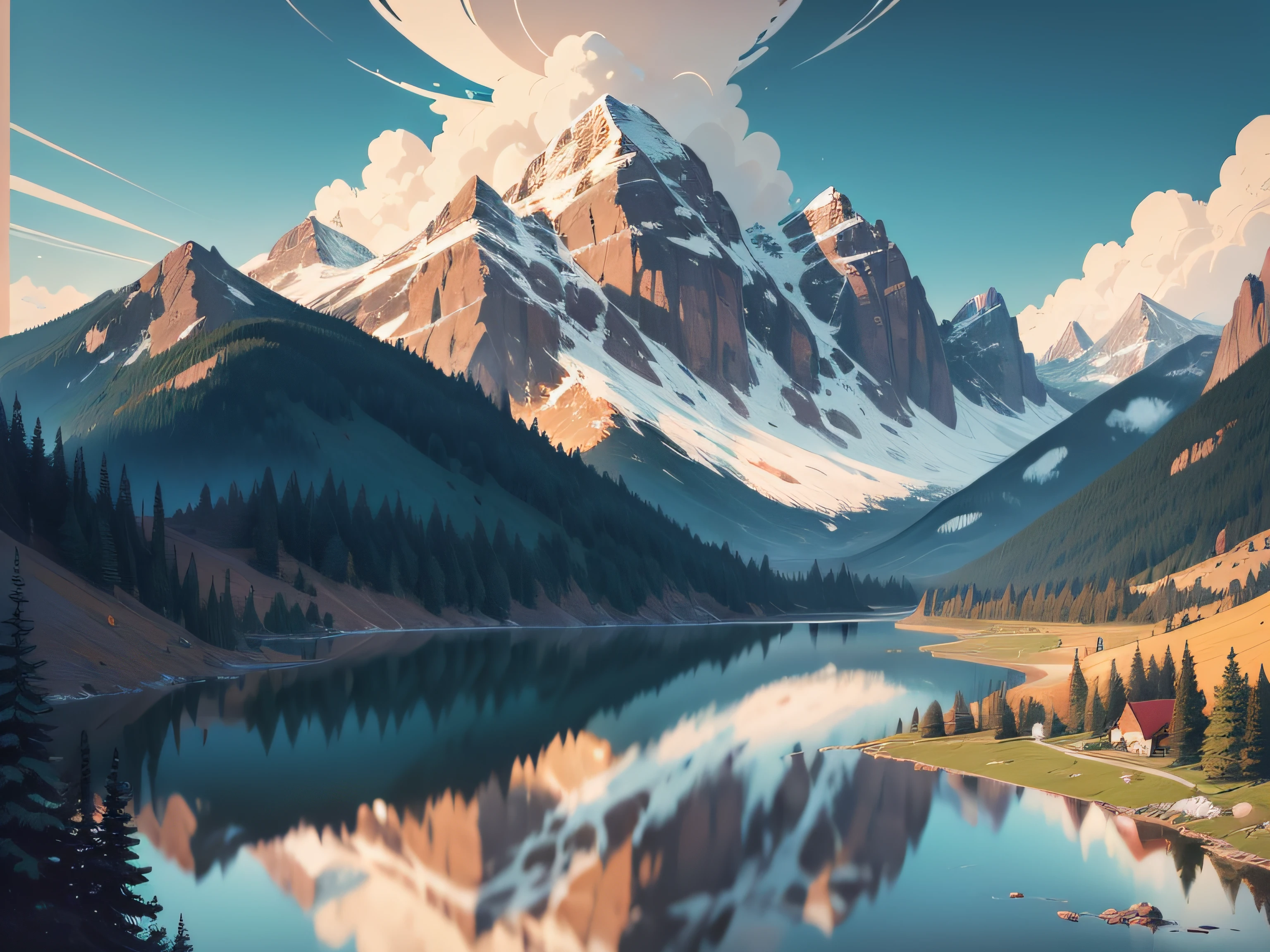 a painting of a mountain scene with a lake and trees, jen bartel, lakeside mountains, rocky mountains and a river, landscape illustration, mountains and lakes, stylized digital illustration, travel poster, in style of digital illustration, painterly illustration, vibrant tourism poster, vector behance hd jesper ejsing, inspired by A. J. Casson