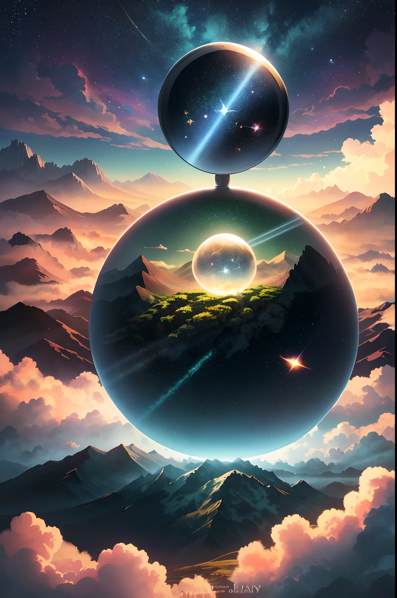 A giant mirror sphere floating in space, flickering lights, sad hamster lost (heaven like green fields surrounded by high mountains and clouds:1.3), particles in the air, god rays, stars in the background, intricate fractals, detailed, (illustration), masterpiece, high resolution, best quality.