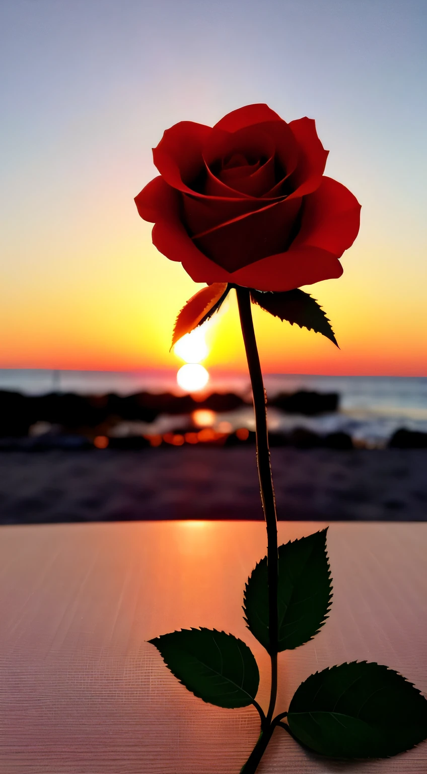 Close-up shot, a rose flower, the background is the gorgeous sunset by the sea, real texture, warm