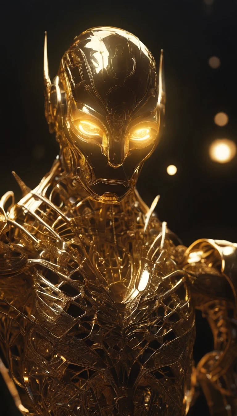 golden cyborg, glowing light eyes, Biomechanical, eerie, Creepy, nightmarish, Very bright colors, Light particles, with light glowing, Mshiff, wallpaper art, UHD wallpaper