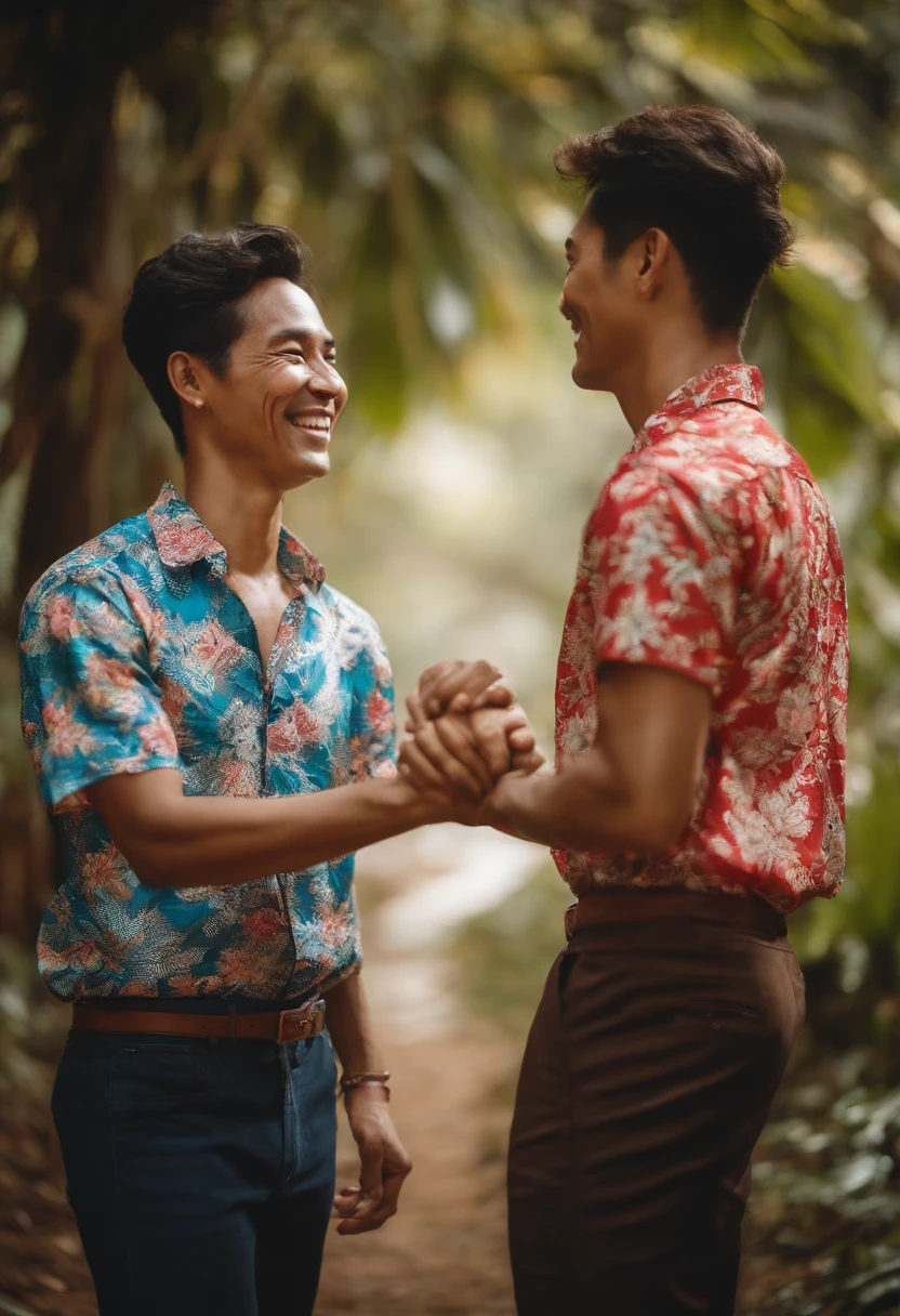 Create an image where two people are shaking hands, precisa mostrar o corpo inteiro, The two are smiling and happy, One is with the shirt of Brazil and the other is with the shirt of Japan
