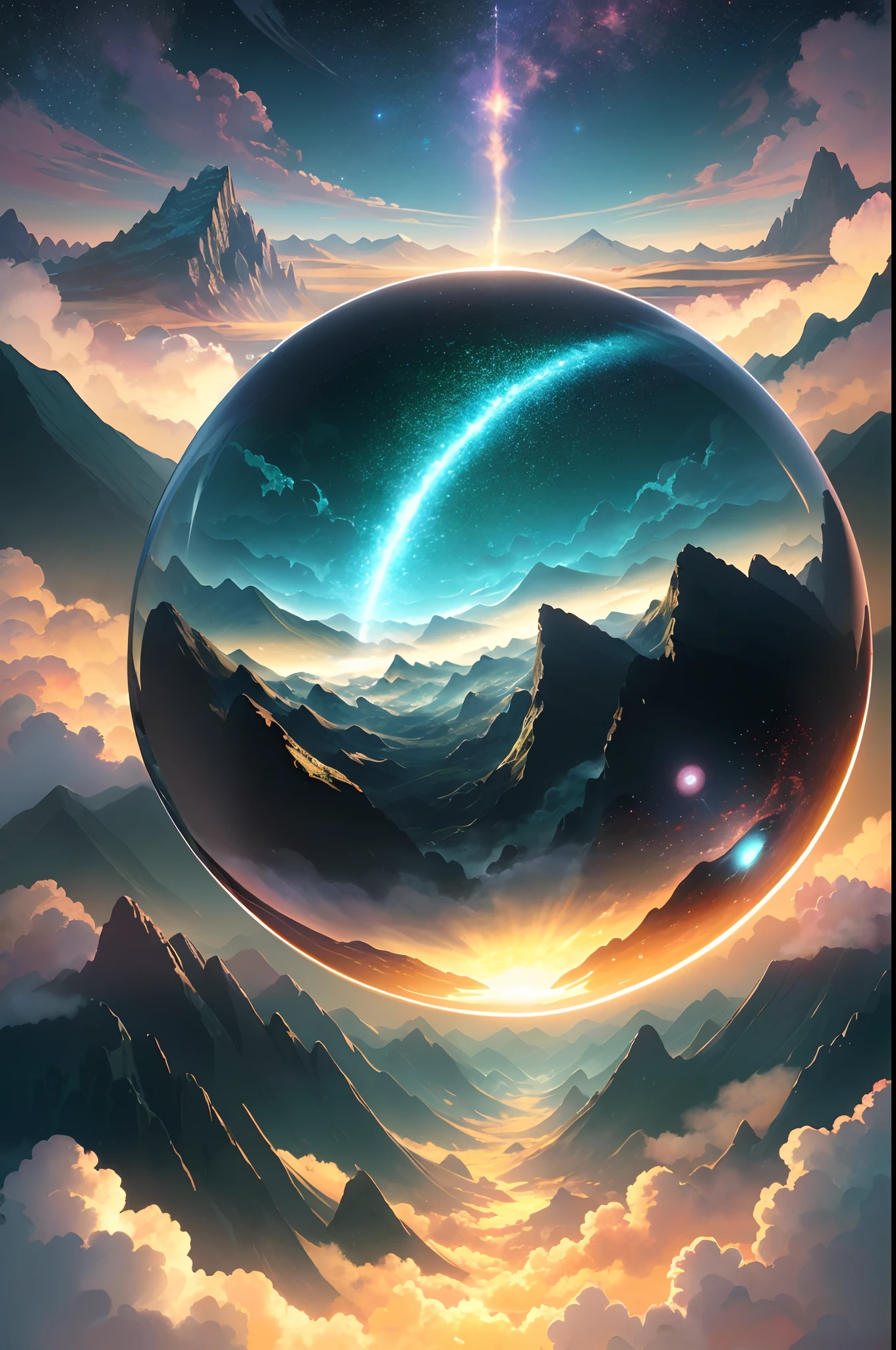 A giant mirror sphere floating in space, flickering lights, sad hamster lost (heaven like green fields surrounded by high mountains and clouds:1.3), particles in the air, god rays, stars in the background, intricate fractals, detailed, (illustration), masterpiece, high resolution, best quality.