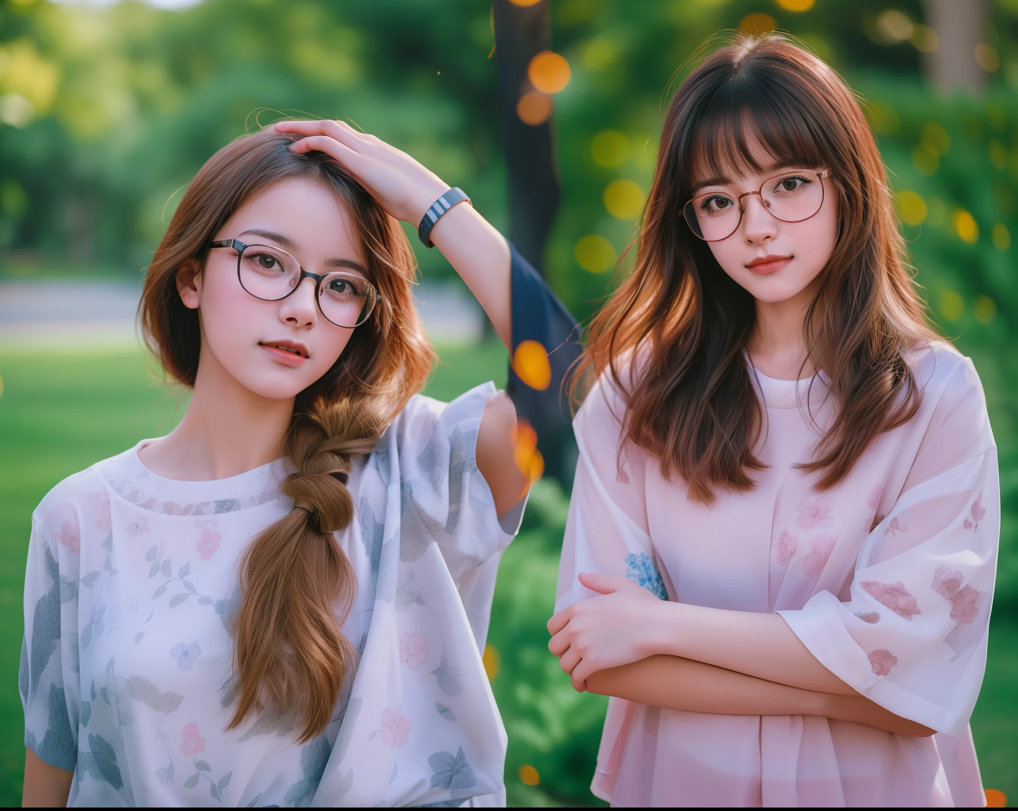 Two women wearing glasses standing next to each other in a park, alena aenami and lilia alvarado, high quality portrait, High-quality portrait photography, 50 mm lens photo portrait, 7 0 mm portrait, two models in the frame, color portrait, 1 3 5 mm nikon portrait, 60mm portrait, with same hairstyle, 50mm portrait