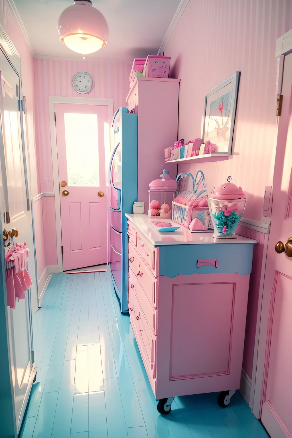 a pink and white candy cart in a room with blue and white striped walls. The cart is filled with a variety of candy, including lollipops, gummy bears, chocolates, and candy canes. There are also macaroons and ice cream cones on the wall. --auto