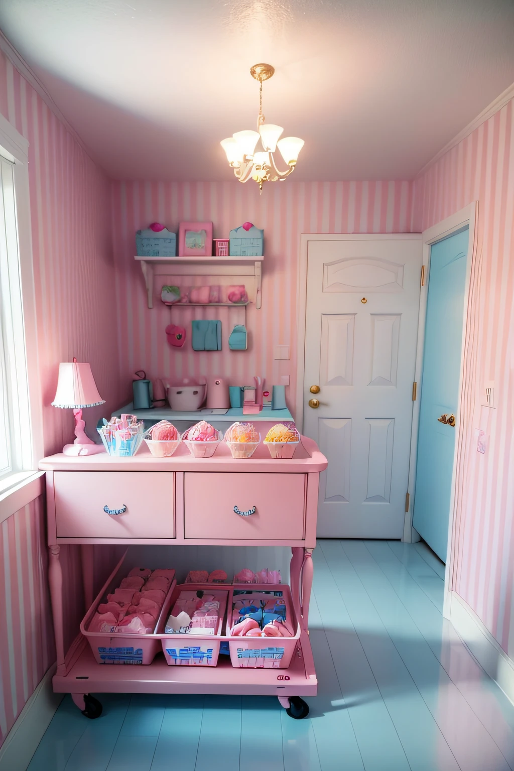 a pink and white candy cart in a room with blue and white striped walls. The cart is filled with a variety of candy, including lollipops, gummy bears, chocolates, and candy canes. There are also macaroons and ice cream cones on the wall. --auto