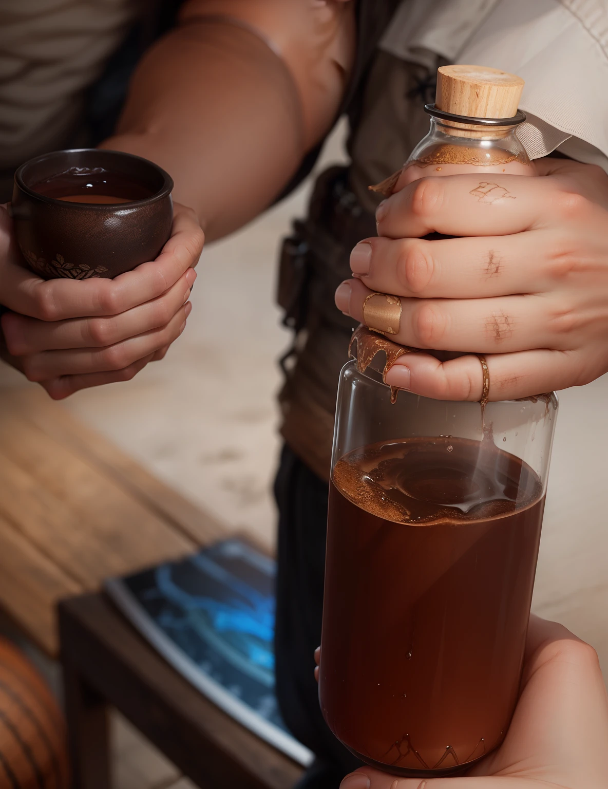 Perfect hand holding a small rustic brown cup with (Ayahuasca) (hand perfect) (realistic hand)