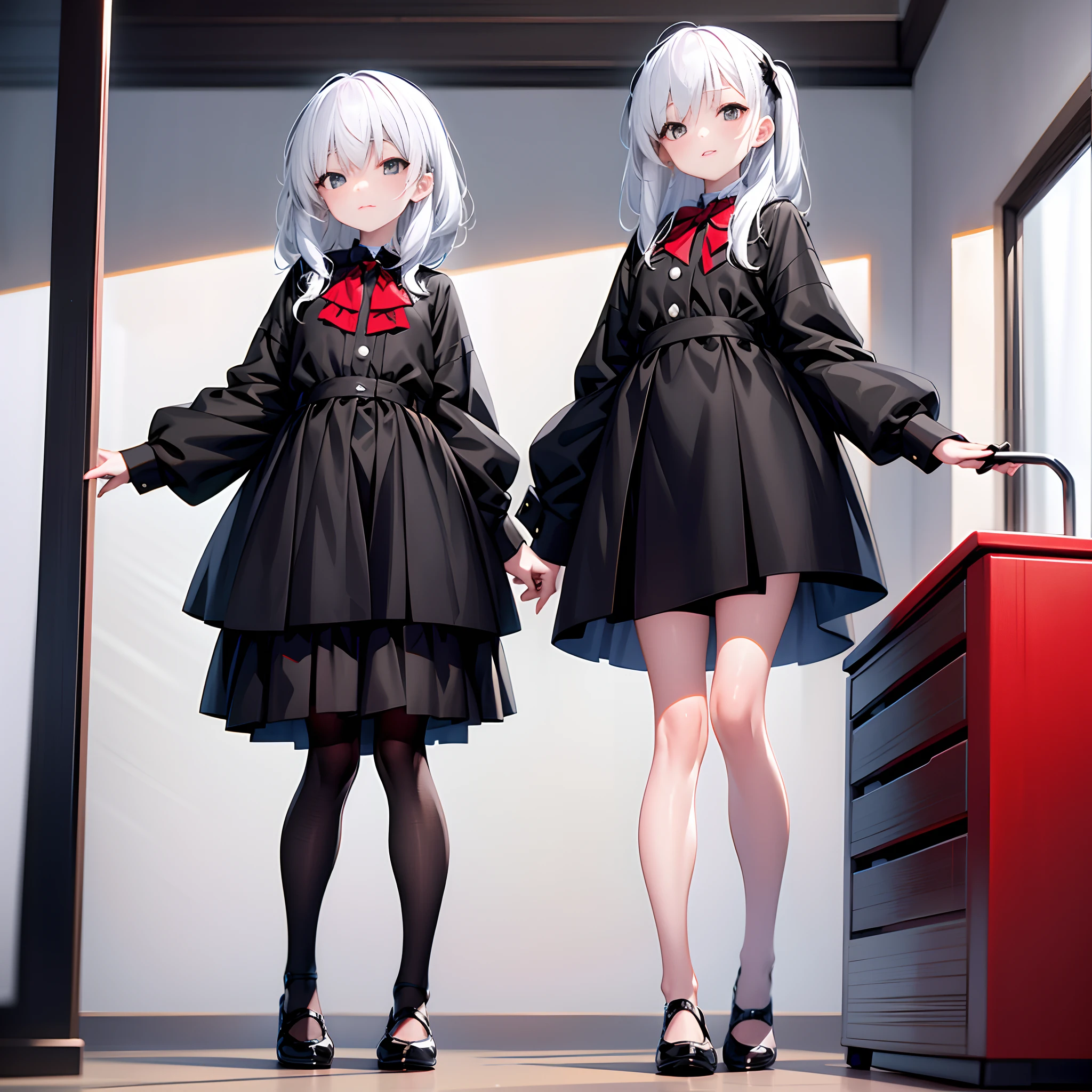 Half-body,White hair,Black dress,Red bow,Black shoes,bule eye,black sock,