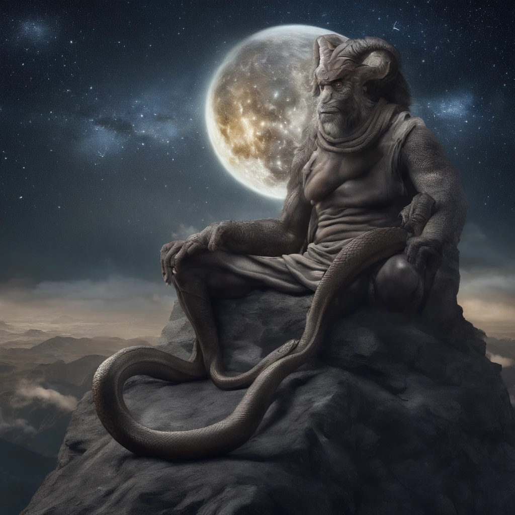 An ancient man，The lower body is the tail of a snake，Standing on a mountain peak，The background is a starry sky