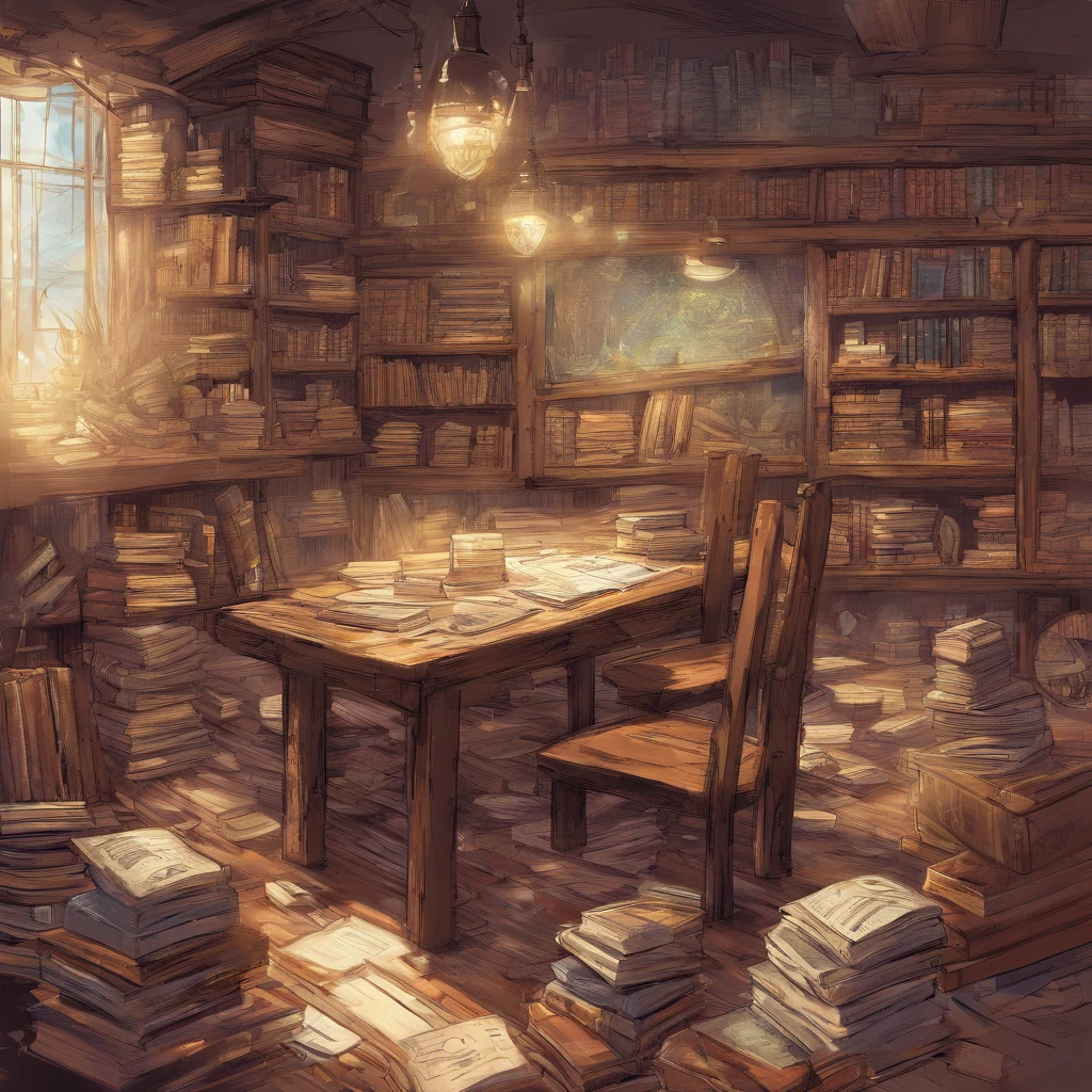 A mineral water bottle,Several books,Tables, chairs and benches,table light,In a cluttered room,A lot of eyes have grown