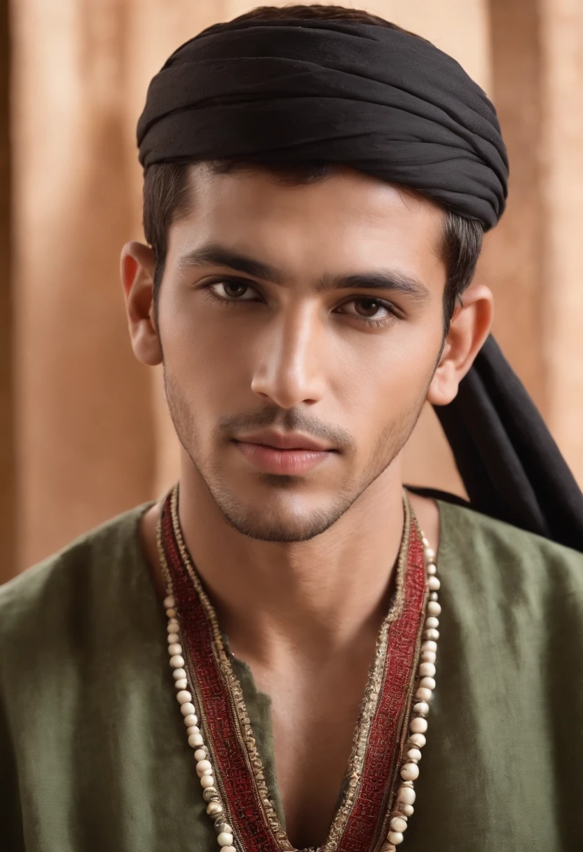 25 year old boy, green shirt, olive-toned skin, deep brown almond-shaped eyes, a prominent yet finely chiseled nose, and expressive, full lips. He has neatly trimmed jet-black hair, a traditional short beard, and wears a white Djellaba with intricate earthy-toned embroidery. Adorned with silver rings and a necklace featuring Islamic motifs, he dons a red fez with a black tassel. His expression is serene, exuding wisdom and pride, while the warm, earthy background hints at a traditional Moroccan setting, encapsulating his rich North African heritage, looking at camera, walking on moroccan sahara, perfect lighting, deep shadow, best quality, masterpiece, ultra highres, photorealistic.
