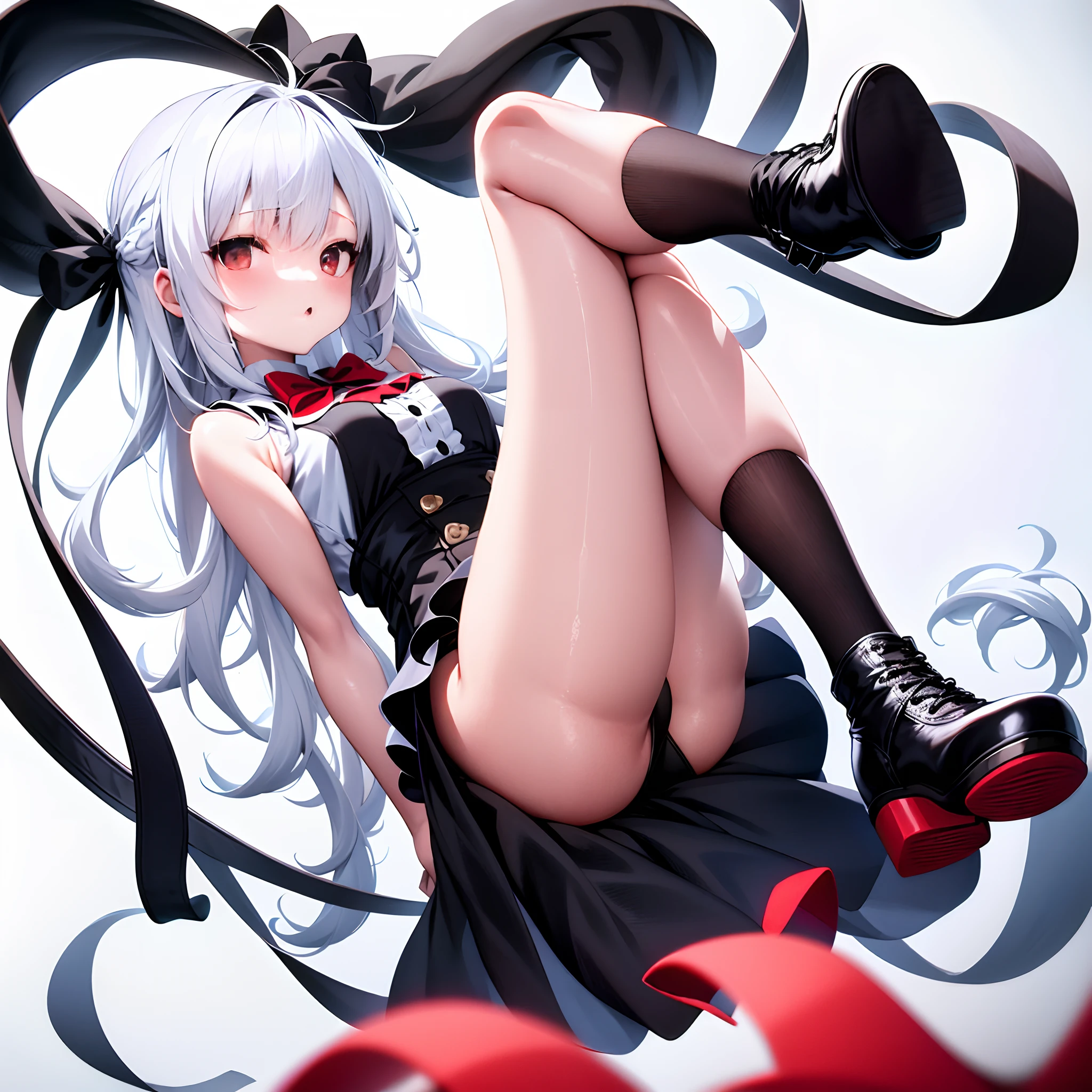 [(White background:1.5)::5], (Bottle bottom:0.9), 1 girl, Medium Shot Shot, full bodyesbian,White hair,Black dress,Red bow,Black shoes,bule eye,Long legs,right leg on,black sock,