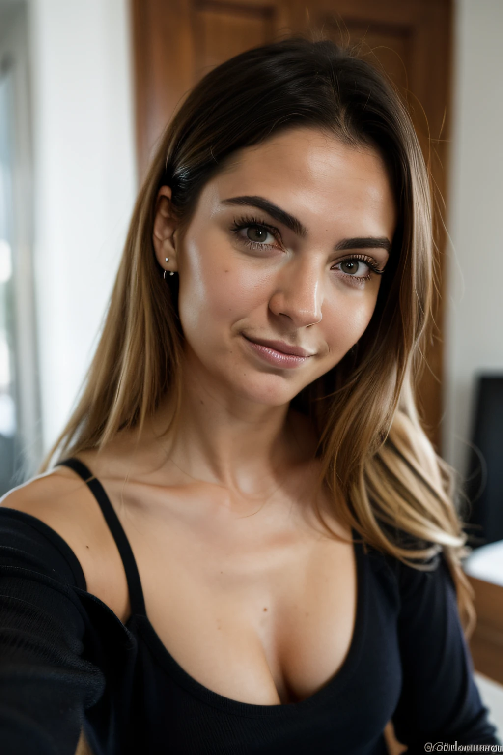 photo realist, corps entier, cheveux brun roux, cheveux long, femme de 25 ans, European face, yeux bleu ciel en amande, petit nez, petite poitrine, petit seins, jolie yeux, very detailed skin, de dos, Watch the camera, selphie, Photo phone, good quality, russe, mole above the lip, tache de rousseur