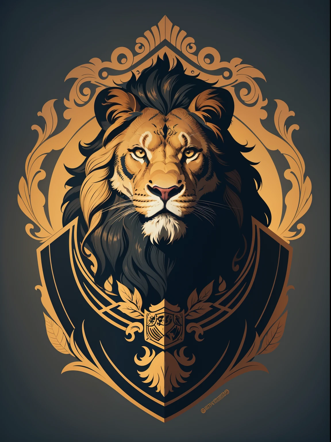 [Lion] Heraldic silhouette, logo masking style illustration, Directed by: Dan Mumford, Directed by: Greg Rutkowski, Por James Jean, fundo preto, Misterioso, arte de fantasia, Realistic, majestoso, ricas cores vibrantes, alto contraste, seamless water brand, art-station, deviantart, babar, bolha vermelha, Teepublic, foco nítido, simples, hiper detalhado, desenho detalhado, vetorizar, contorno, isometric style, 8k."