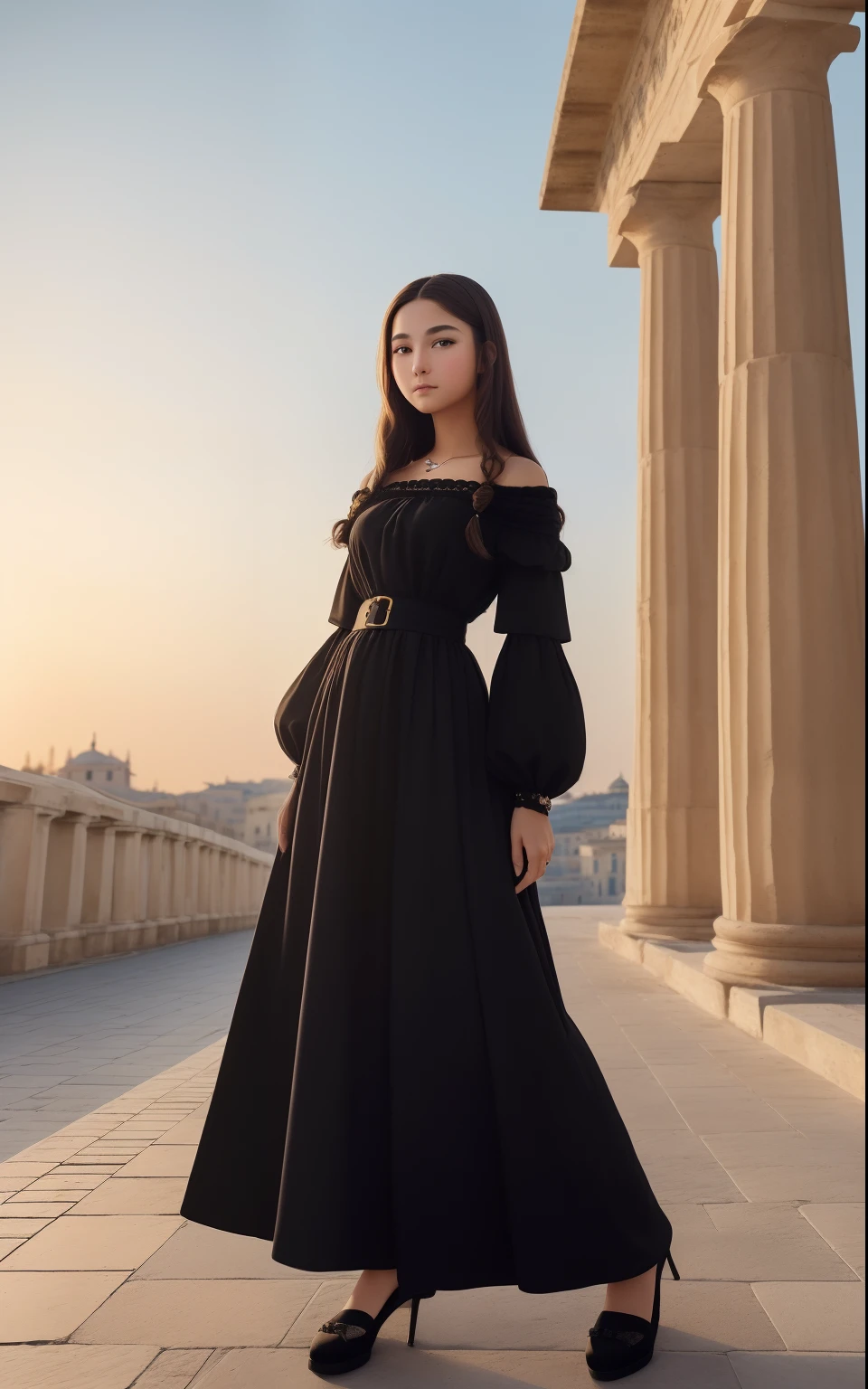 Photo. On the cover of Vogue. Text Says"Tenalisa" TeenMona Lisa, 17 yearsk long skirt dress, She has a brunette, Strong confidence standing to look at you. Roman columns and arches created by Greek columns are in the background, On the rooftops of Italian cities, Sunrise sky in the background, There is an empty luxurious wooden chair in the foreground, In the distance behind her, Leonardo da Vinci facing backwards, Bridge in the distance, The light of the sunrise shines here, Cinematic, high detailing, (credibly_absurderes,Huge_filesize:1.37),(masterpiece:1.37),(top-quality:1.37),(realisitic,Photorealsitic:1.2),Ray traching,Realistic lighting,(illuminations,Glow),((film grains:1.37)),(Exquisite details and textures:1.2),(8K分辨率:1.2),(ultra -detail:1.2),(Sharp Focus 1.2),(Raw photography:1.0),(Beautiful Detail Face、Beautiful Detail Eye、 radiant eyes、long eyeslashes、blush of the nose:1.2)、((((perfect anatomia))))、full body Esbian、Ceremony、1girl in、独奏、a beauty girl、High class、(A slender:1.37)、(cute face)、(Natural glowing skin:1)、(Detailed natural skin、detailed skin textures、Detailed black hair、Well-formed hairstyles)、Facial light、(ciinematic light)