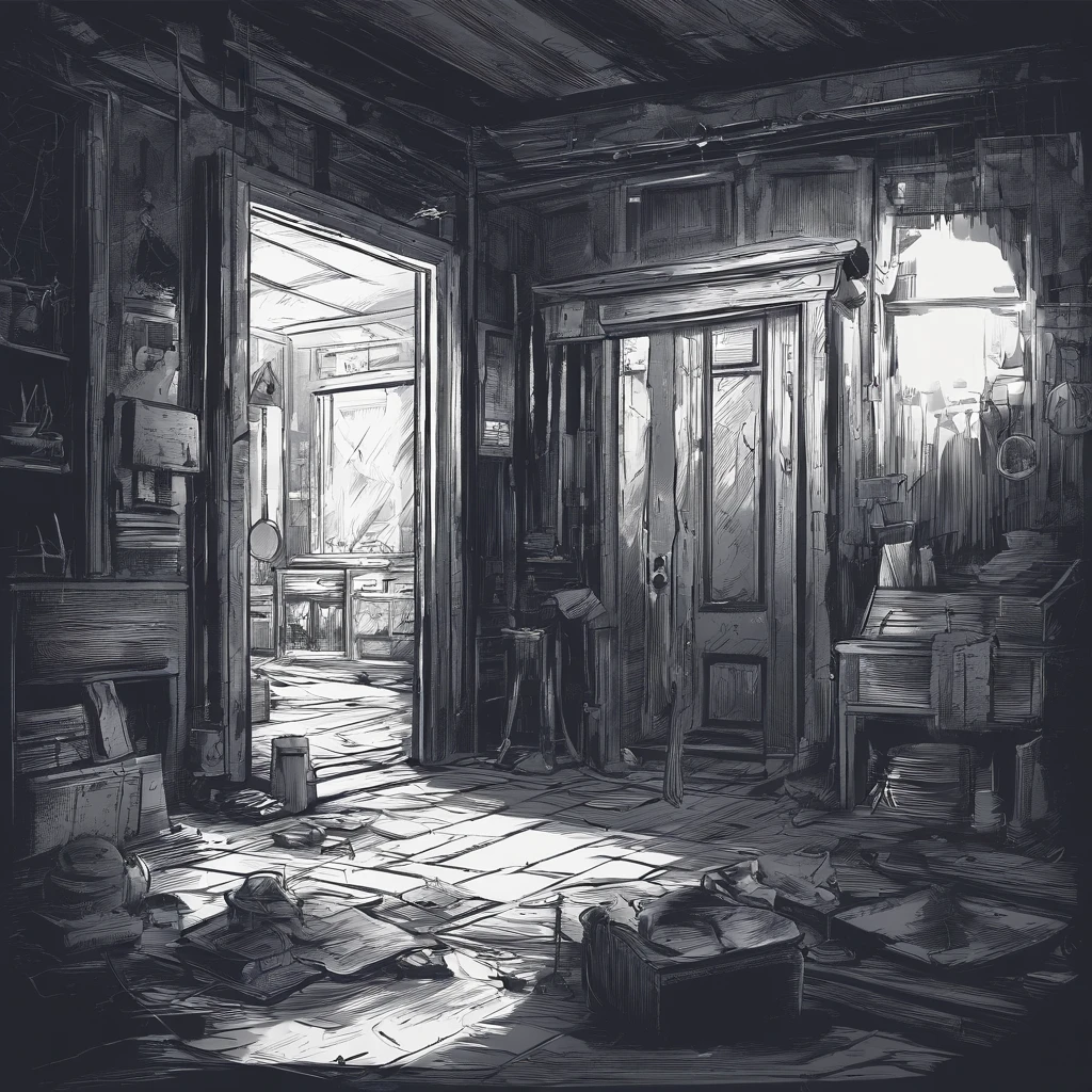 Dark room interior，Open the door，no lights，Messy items，darkly，Spooky environment