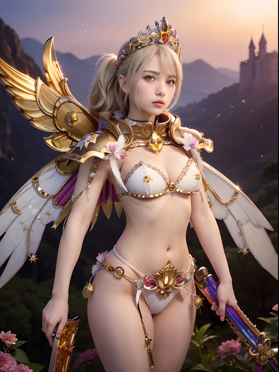 (masutepiece), Professional , masterpiece、top-quality、photos realistic , depth of fields (Gemstone Flower Metal Body:1.4),(Matte White、Jewel Gold Weapon、(Gorgeous castle background)、(ultimate beauty girl)、(Flower rainbow fairy wings grow)、(Jewel Flower Metal Body:1.4),Gorgeous Jewel Metal Weapons , Detailed Sword of the Brave ,( a blond) ,warhammer 40k ,((Floral Micro Bikini))、Particles of light、(Beautiful flower garden background)、 adepta sororitas,Detail and ornate jewel crown、2guys、Brown hair、(Gangle's forest background)、Beautiful Caucasian beauty、dynamic ungle,(((Diamond tiara with detail and luxury)))、a small face、Powerful poses、(Gorgeous castle background)、huge filesize、20 year old beautiful woman、Thin female fingers、Straight long hair、Beautiful Caucasian beauty、Valley、Fairy of Light、Particles of light、