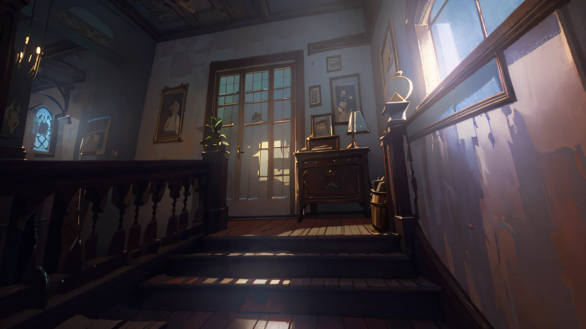 (realistic,photo-realistic:1.37),detailed textures, detailed lighting, room with a staircase, room with a window, old house, hyper-realistic, vintage atmosphere, worn-out walls, wooden staircase, natural lighting, dust particles floating in the air, warm color palette, cozy ambiance, intricate details in the woodwork, chipped paint, nostalgia, antique furnishings, soft daylight streaming through the window, shadows dancing on the floor, peeling wallpaper, creaking floorboards, intricate wrought-iron railing on the staircase, sunlight filtering through stained glass, dust-filled corners, texture-rich carpet, vintage chandelier, the aroma of old books, tall ceilings, faded grandeur, historic charm