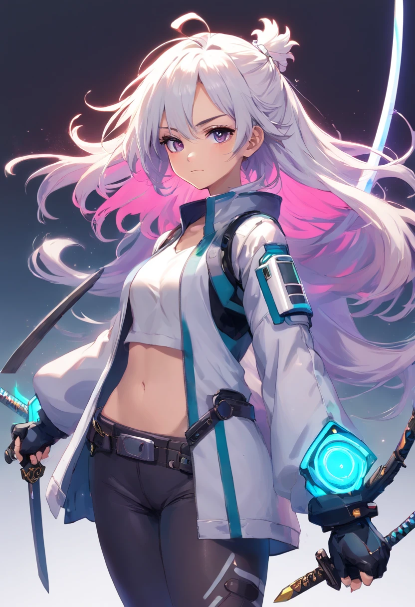 (master part, melhor qualidade), arte conceitual, imagem de corpo inteiro de uma mulher de pele escura vestindo um (jaqueta vermelha grande:1.2) e camisa preta, Pose de luta, detalhes intrincados, chromatic aberration, (pele negra:1.2), 1girl, cabelos longos cacheados, cabelos castanhos claros, messy hair, robot legs, Biomechanicals, cabelo sobre um olho, olhos de mel, sharp eyes, camisa neon, jaqueta aberta, espada grande, Cybernetic Katana, Dark Blade, Estilo JRPG, tech fantasy, Final Fantasy, pastels colors, (fundo simples, fundo branco:1.3)