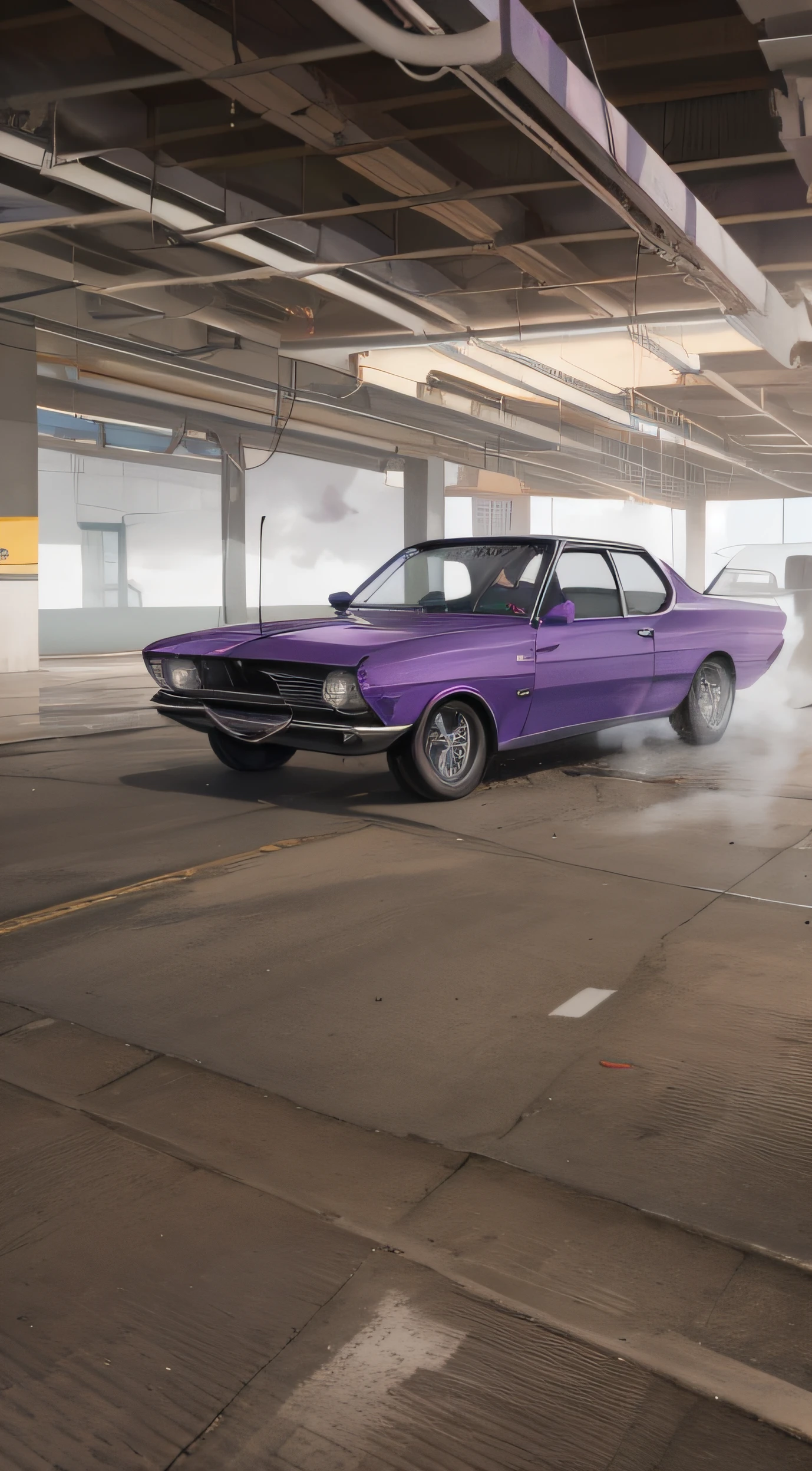 Purple car in a garage with smoke billowing from the hood, car drifting, Velha escola FPR, tornado roxo, Foto comercial, chama roxa baixa, classic car, Moskvich, purple smoke, smoke behind wheels, carro completo, Tiro de RP, low quality video, Restomod, tiro interno, purple mist, tiro de carro, 2 4 0 p metragem
