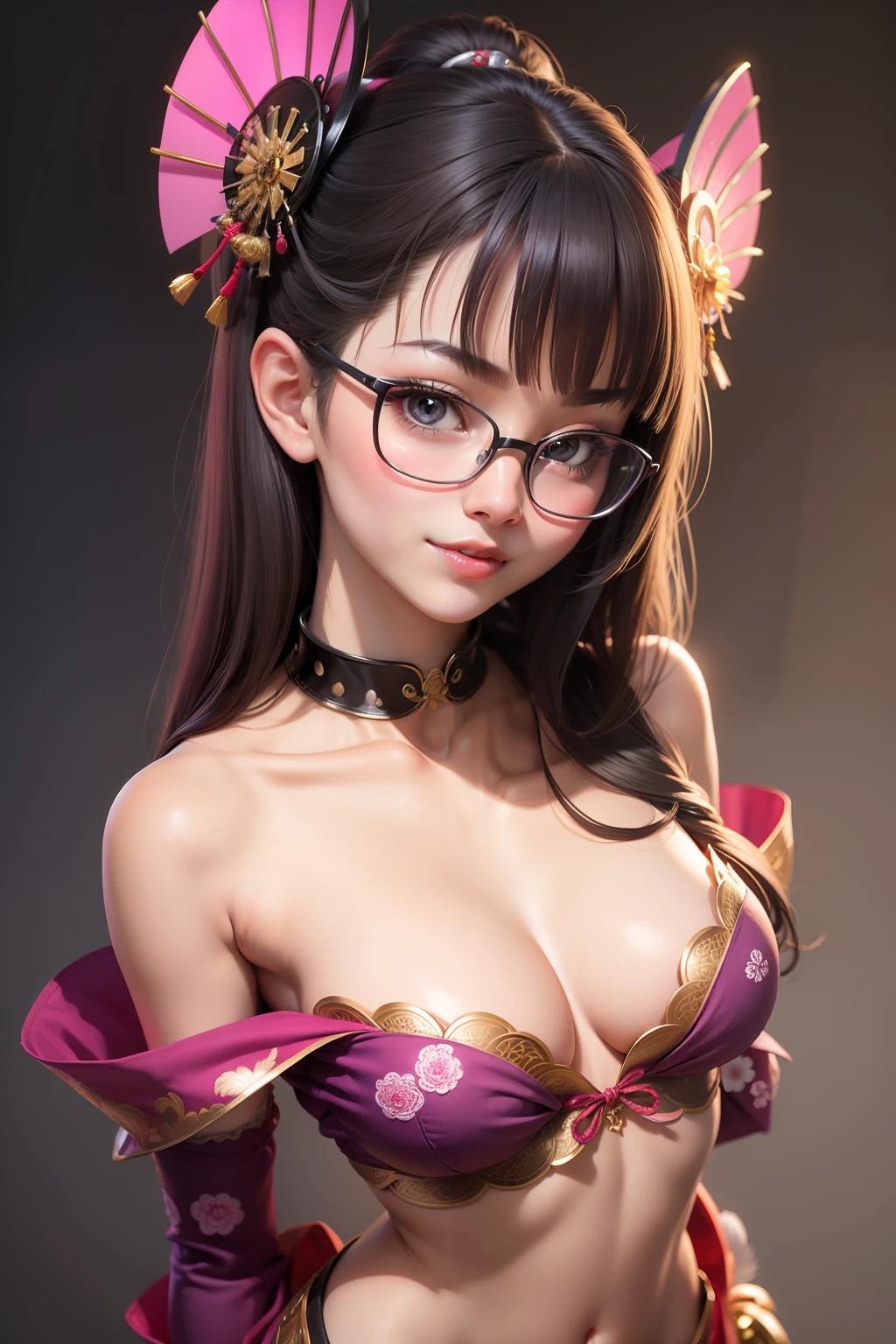 1 cute girl (18yo) glasses, upper body, slim waist, natural small breast, sexy pose, seductive expression, bangs, random hairstyle, cleavage, navel, collar, collarbone, off shoulder, seductive smile, wear intricately detail hot and sexy outfit, geisha costume, wear unique helmet, shiny colorful neon color, upper body. flat gray color for background