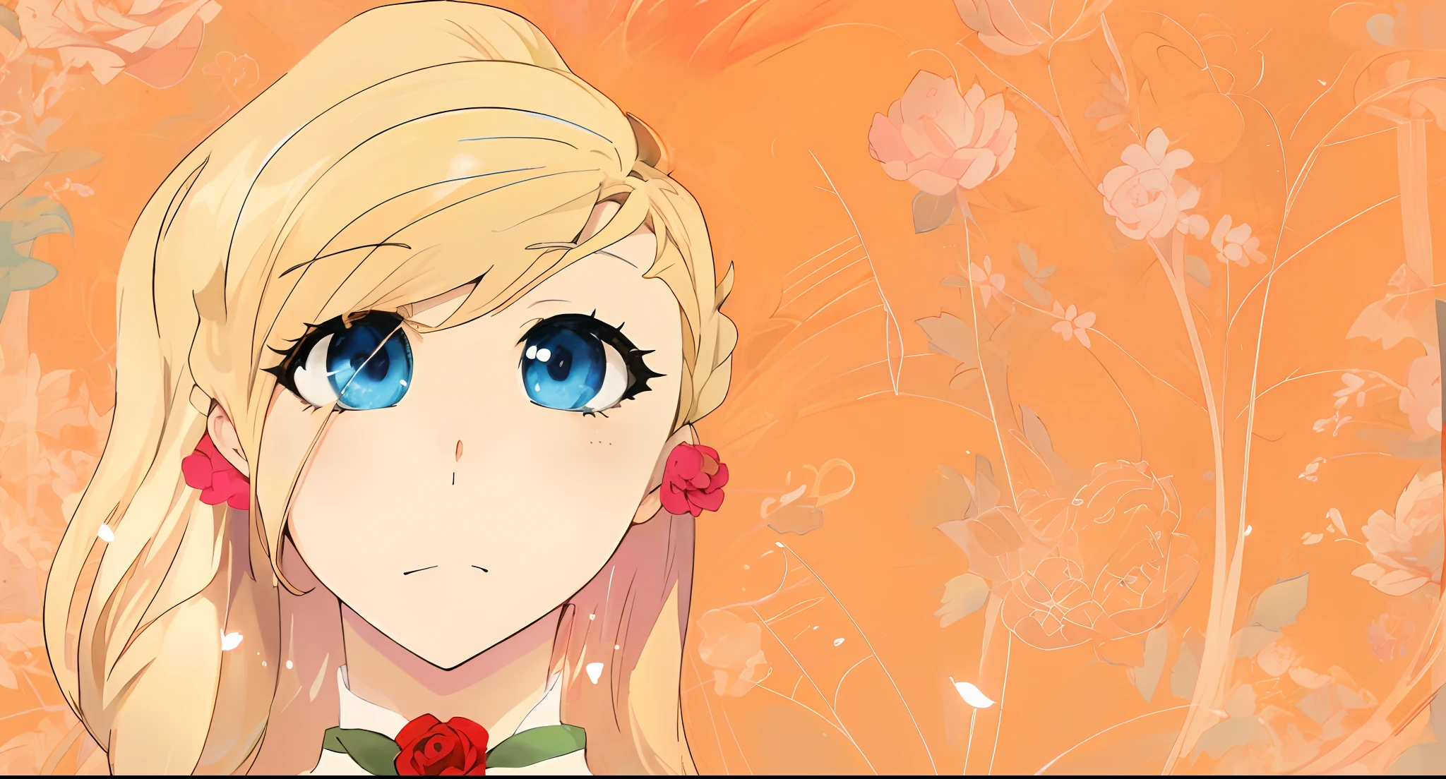 anime girl with blue eyes and blonde hair with a rose in her hair, blonde - haired princess, wallpaper!, anime princess, blonde hair and large eyes, princess 'kida' kidagakash, blue eyes and blond hair, beautiful elsa, loli, anime style”, blonde hair and blue eyes, in anime style, pretty anime face, cute natural anime face