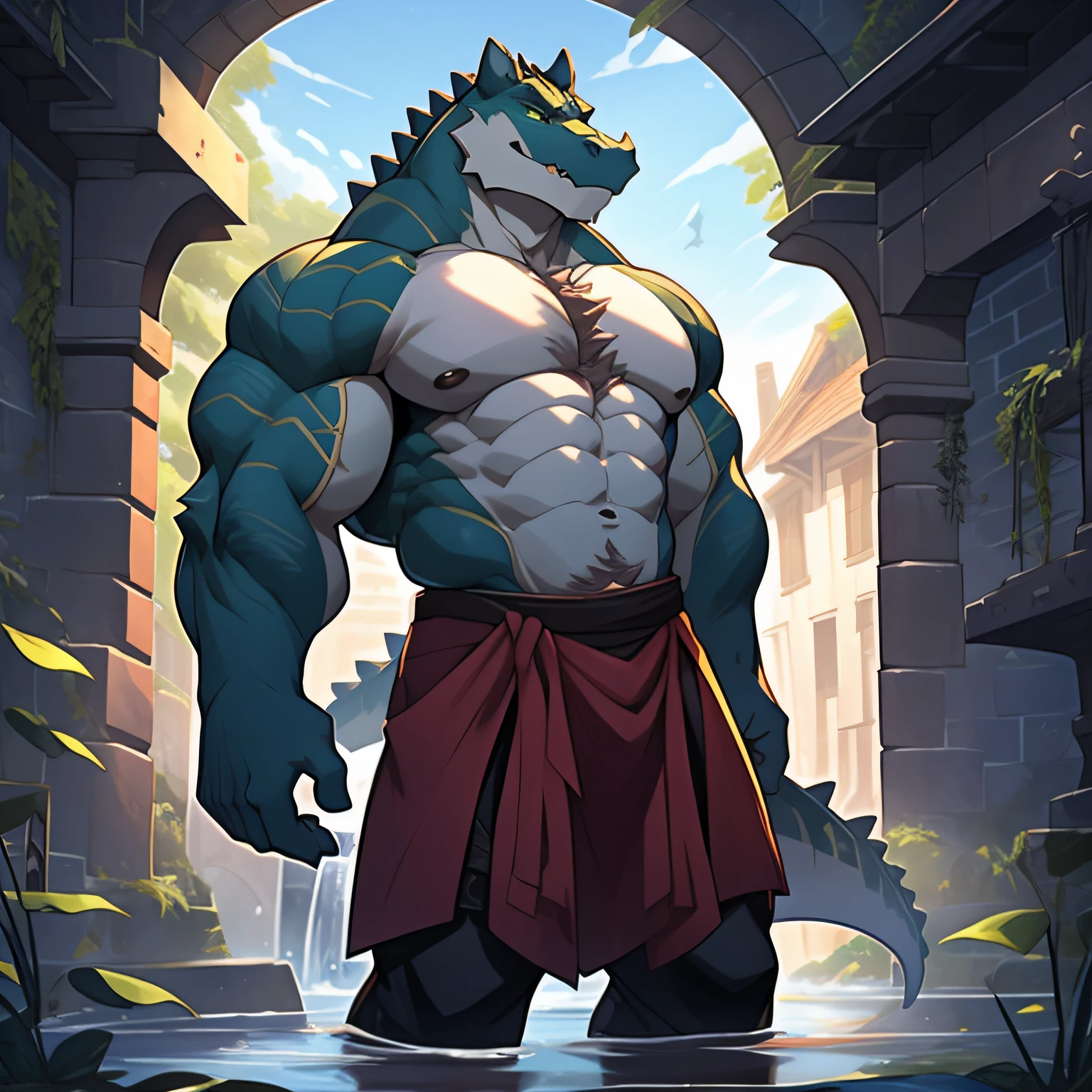 seulement, male, alligator, dents pointues, Crocs, thick face, Visage large, broad shoulders, musculaire, Massif, Huge, gros biceps, gros pectoraux, Corps vert, peau verte, yeux jaunes, Detailed crotch, renflement massif, underwear, Regarder le spectateur, sombre, dramatique, ville, ruelle, style digital, furry