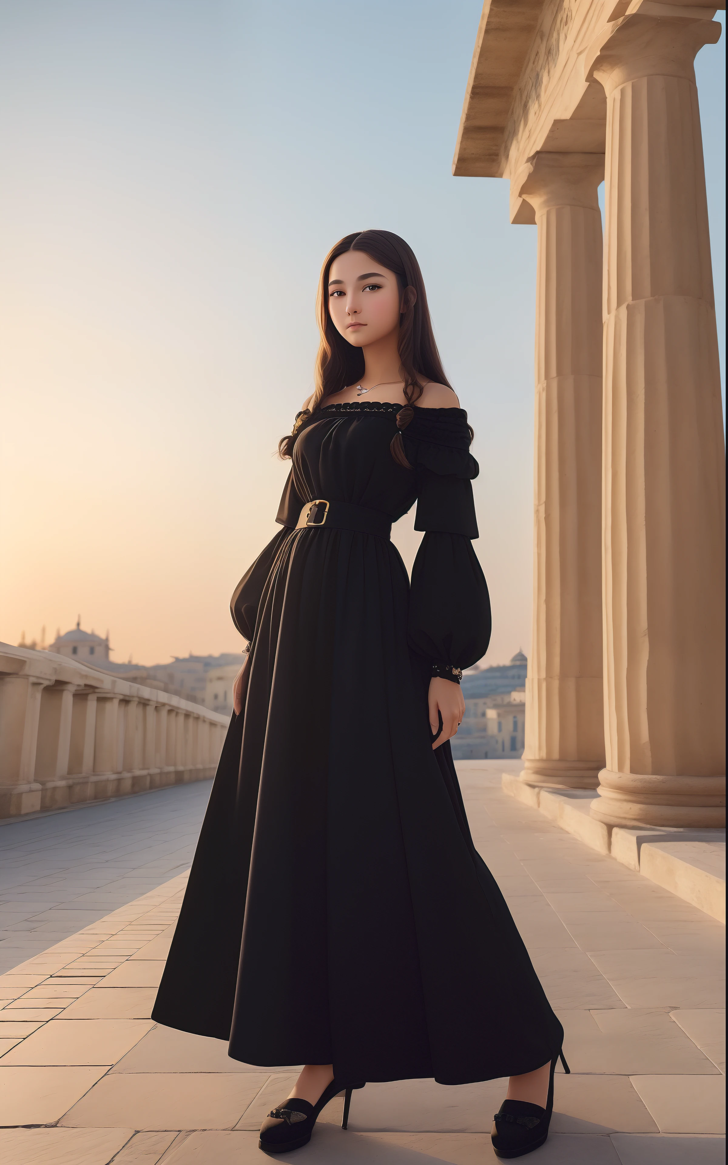 Photo. On the cover of Teen Vogue. Text Says"Tenalisa" Teenage Mona Lisa, 17 years old in black long skirt dress, She has a brunette, Strong confidence standing to look at you. Roman columns and arches created by Greek columns are in the background, On the rooftops of Italian cities, Sunrise sky in the background, There is an empty luxurious wooden chair in the foreground, In the distance behind her, Leonardo da Vinci facing backwards, Bridge in the distance, The light of the sunrise shines here, Cinematic, high detailing, (credibly_absurderes,Huge_filesize:1.37),(masterpiece:1.37),(top-quality:1.37),(realisitic,Photorealsitic:1.2),Ray traching,Realistic lighting,(illuminations,Glow),((film grains:1.37)),(Exquisite details and textures:1.2),(8K分辨率:1.2),(ultra -detail:1.2),(Sharp Focus 1.2),(Raw photography:1.0),(Beautiful Detail Face、Beautiful Detail Eye、 radiant eyes、long eyeslashes、blush of the nose:1.2)、((((perfect anatomia))))、full body Esbian、Ceremony、1girl in、独奏、a beauty girl、High class、(A slender:1.37)、(cute face)、(Natural glowing skin:1)、(Detailed natural skin、detailed skin textures、Detailed black hair、Well-formed hairstyles)、Facial light、(ciinematic light)