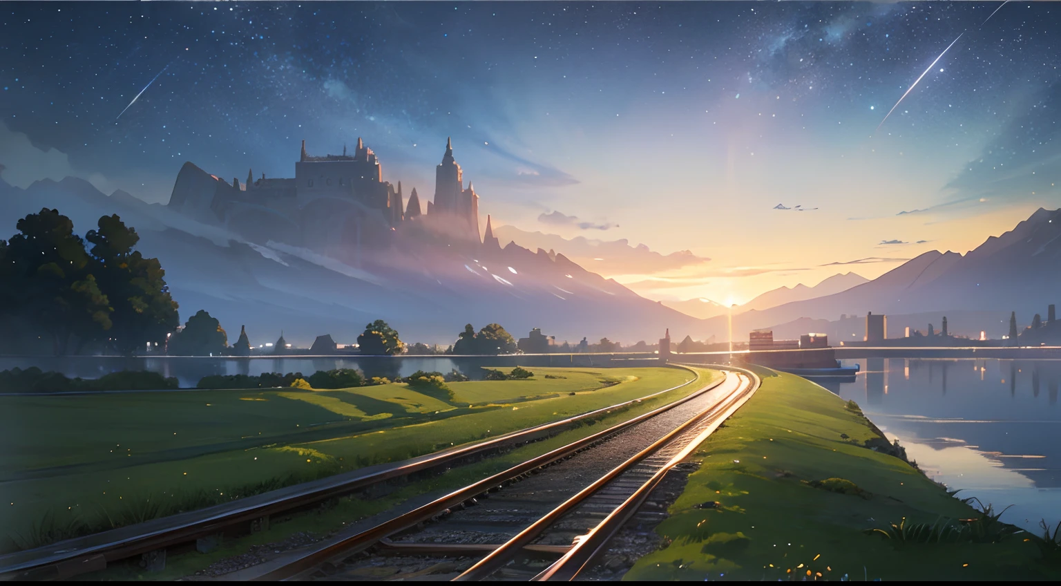 High quality masterpiece ,scenecy,Anime train passing through bodies of water on tracks, Glittering starry sky。Romantic train,Pisif,concept-art,Lofi art style,Reflectors。 By Makoto Shinkai, Lofi art, beautiful anime scenes, Anime landscapes, Detailed scenery —width 672, in the style of makoto shinkai, Makoto Shinkai's style,Detail enhancement