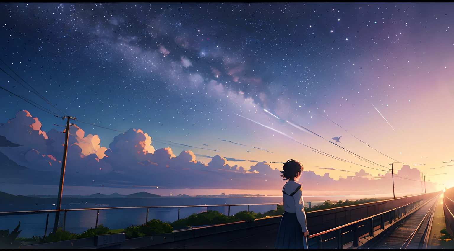 High quality masterpiece ,scenecy,Anime train passing through bodies of water on tracks, Glittering starry sky。Romantic train,Pisif,concept-art,Lofi art style,Reflectors。 By Makoto Shinkai, Lofi art, beautiful anime scenes, Anime landscapes, Detailed scenery —width 672, in the style of makoto shinkai, Makoto Shinkai's style,Detail enhancement