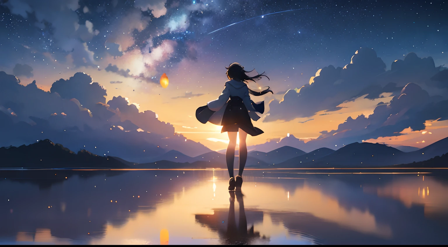 High quality masterpiece ，scenecy，Anime train passing through bodies of water on tracks， Glittering starry sky。Romantic train，Pisif，concept-art，Lofi art style，Reflectors。 By Makoto Shinkai, Lofi art, beautiful anime scenes, Anime landscapes, Detailed scenery —width 672, in the style of makoto shinkai, Makoto Shinkai's style，Detail enhancement