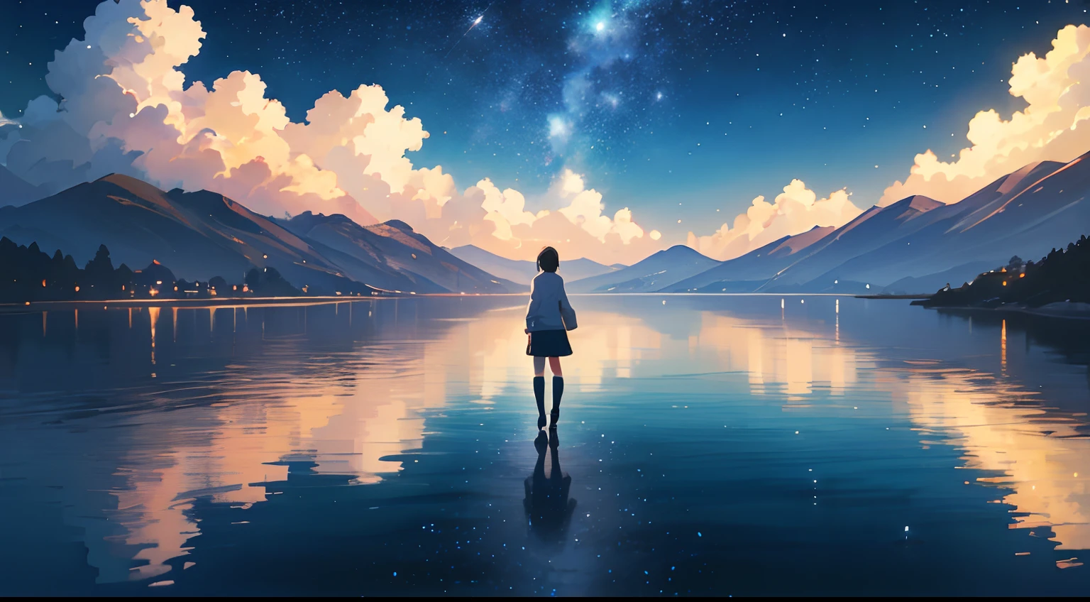 High quality masterpiece ，scenecy，Anime train passing through bodies of water on tracks， Glittering starry sky。Romantic train，Pisif，concept-art，Lofi art style，Reflectors。 By Makoto Shinkai, Lofi art, beautiful anime scenes, Anime landscapes, Detailed scenery —width 672, in the style of makoto shinkai, Makoto Shinkai's style，Detail enhancement