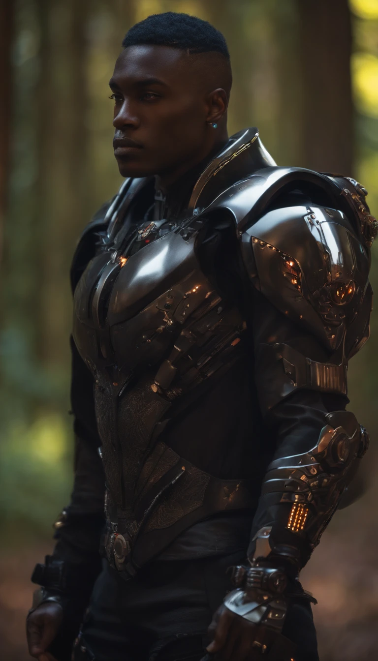 dark male cyborg , forestpunk